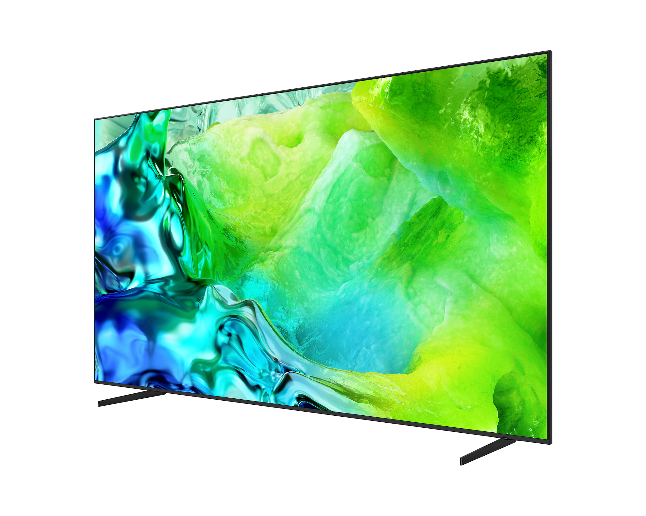Egy modern, síkképernyős TV élénk, absztrakt zöld és kék képet jelenít meg.