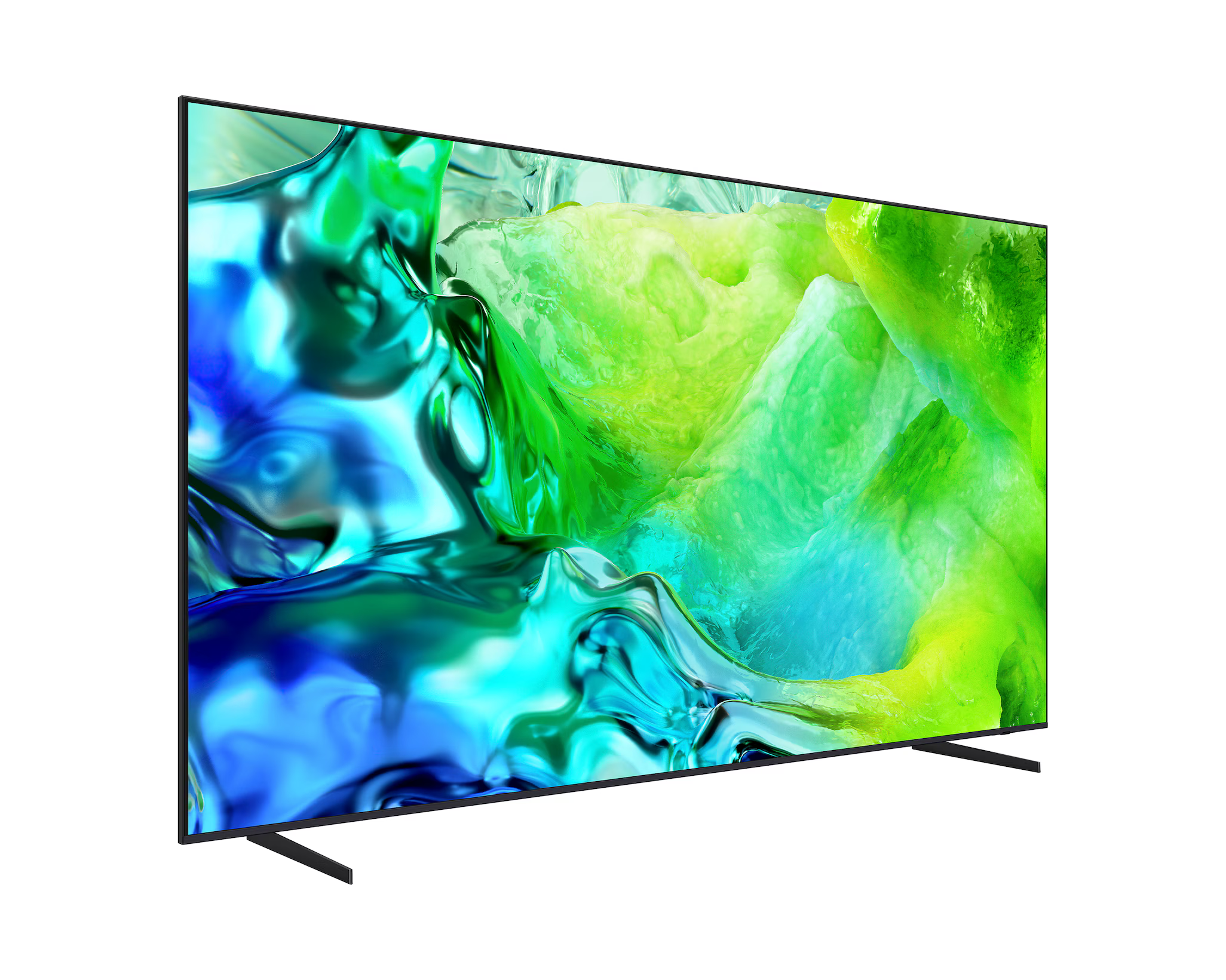 Egy elegáns, modern, fekete keretes síkképernyős TV élénk, absztrakt kék és zöld folyadék örvények képet mutat.