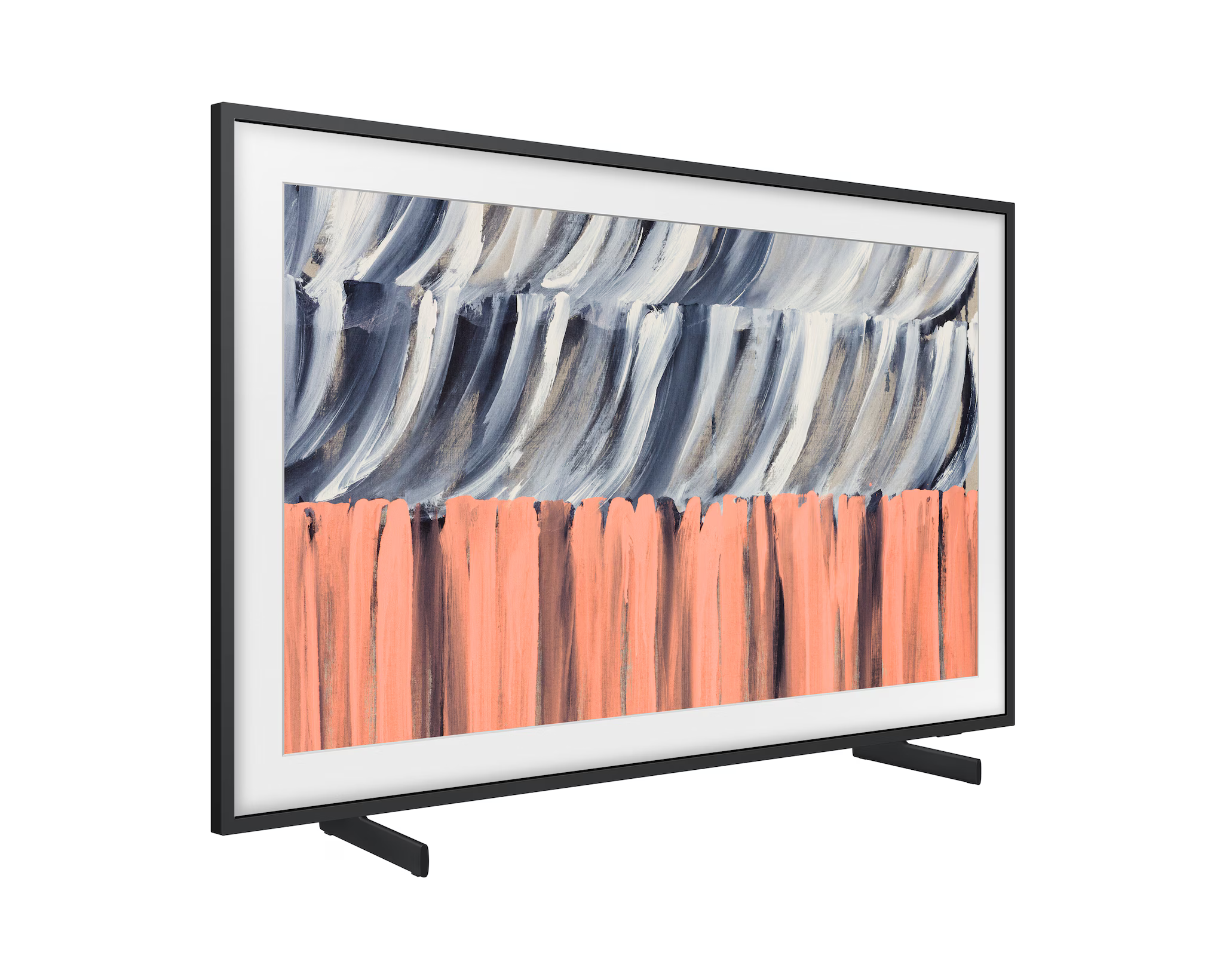 Egy modern TV absztrakt, szürke és korall színű festménnyel.