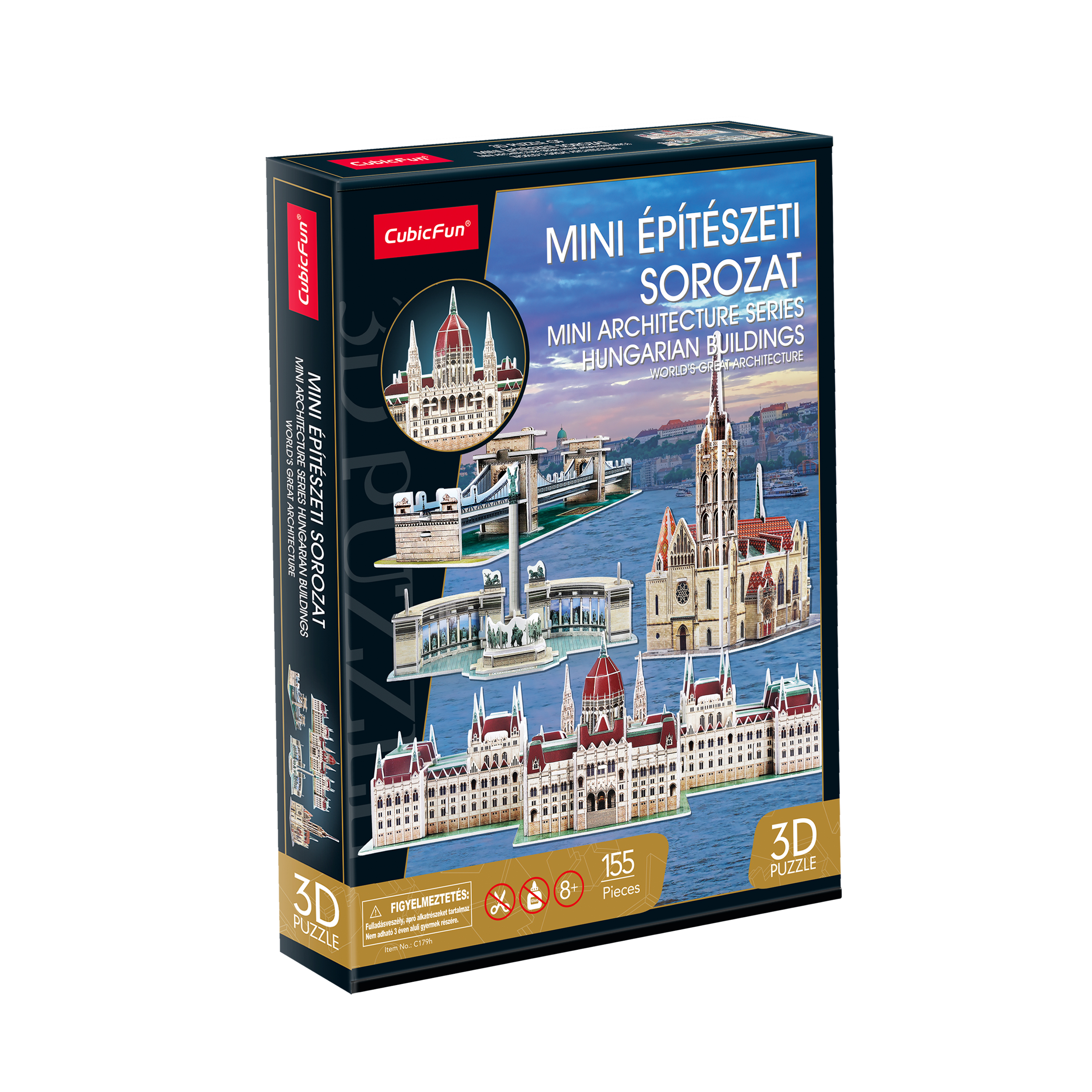 3D-s puzzle doboz magyar épületekkel, részletes építészeti modellekkel.