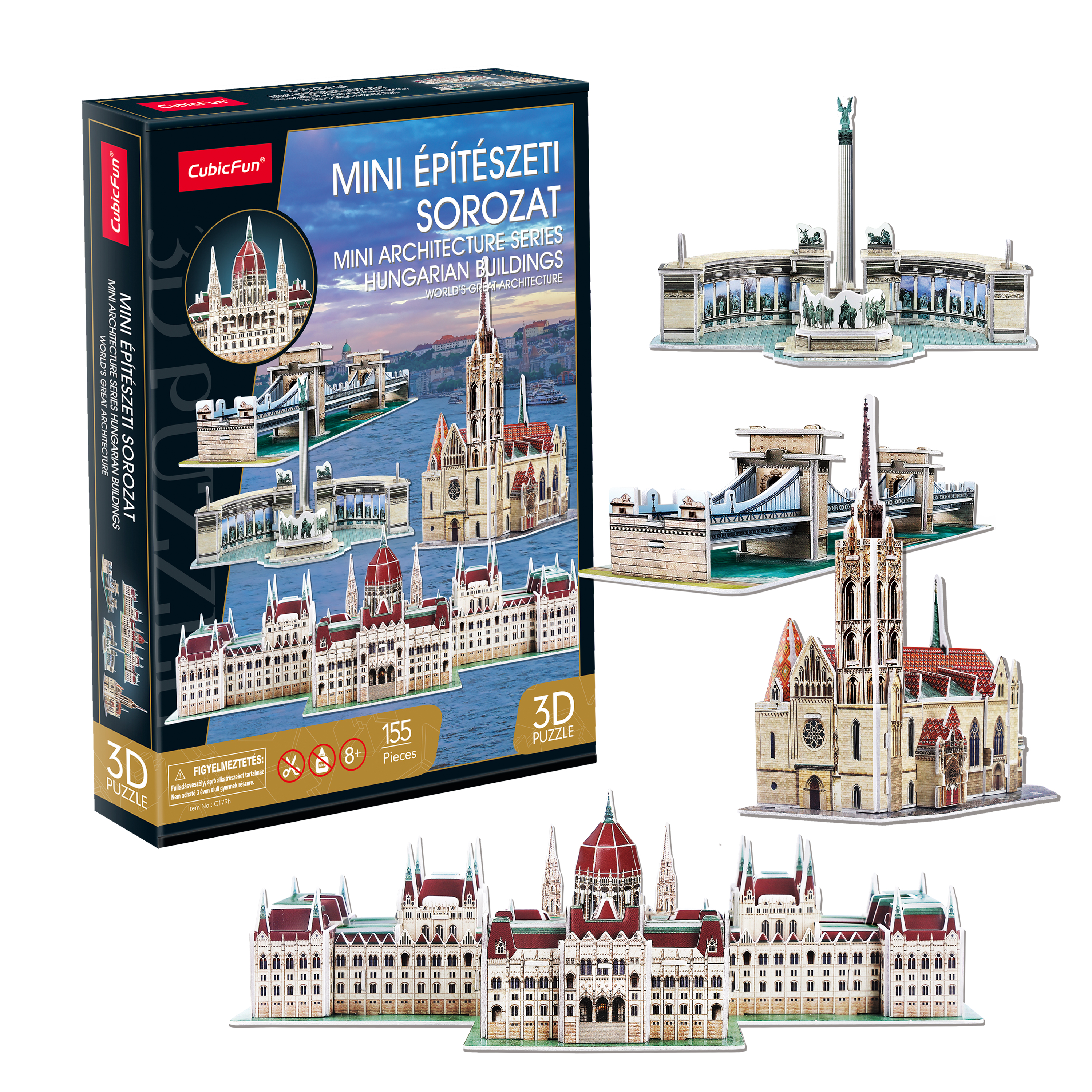 3D puzzle doboz magyar épületmodellekkel: Parlament, Halászbástya, Lánchíd.