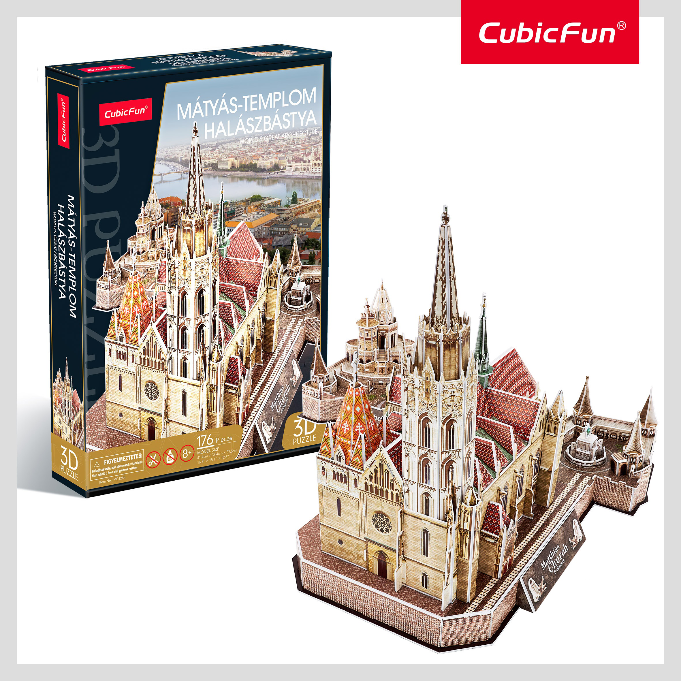 Mátyás-templom 3D-s puzzle Budapesten, fehér háttéren.