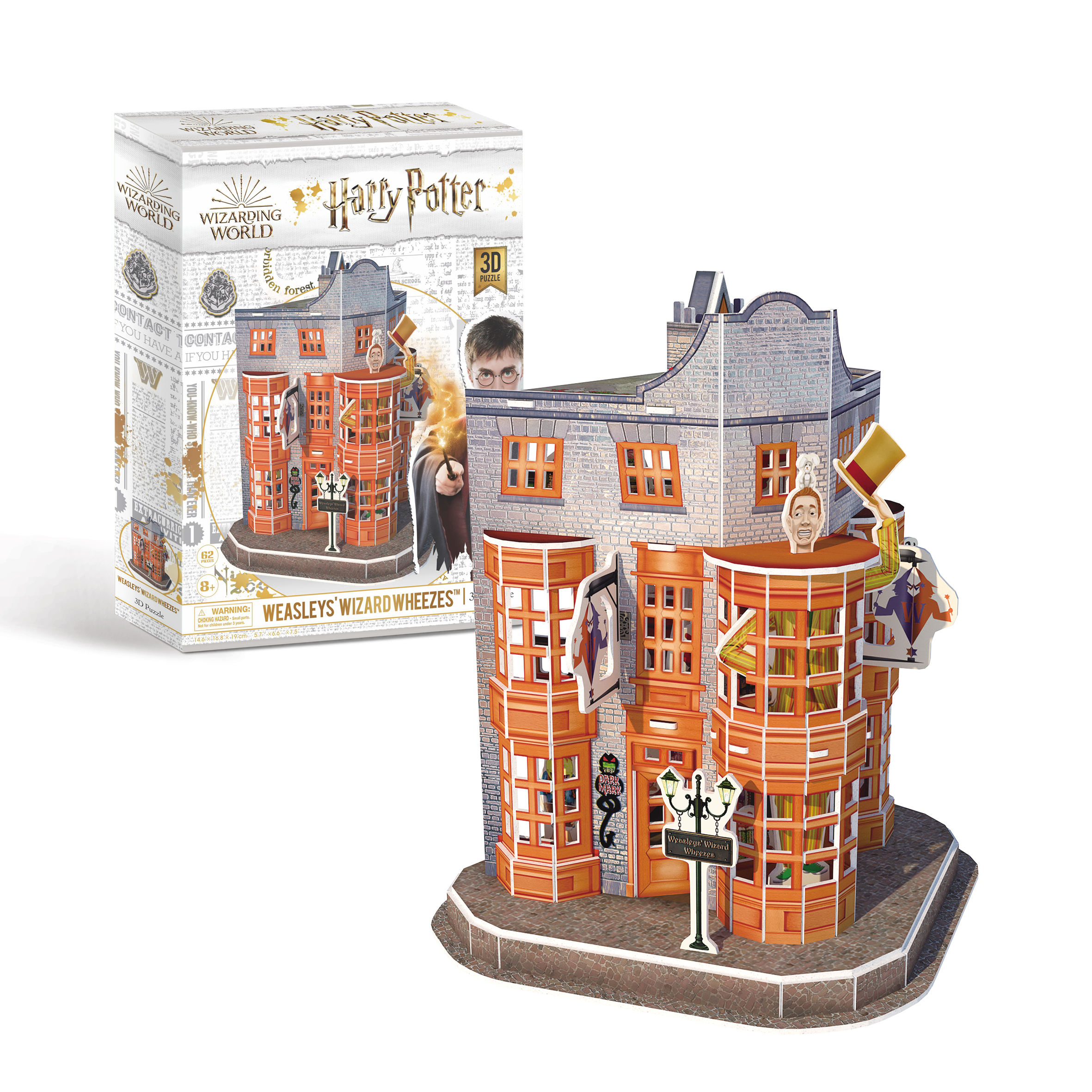 Weasleys Varázslatos Varázslatok 3D-s puzzle Harry Potterrel és az épülettel.