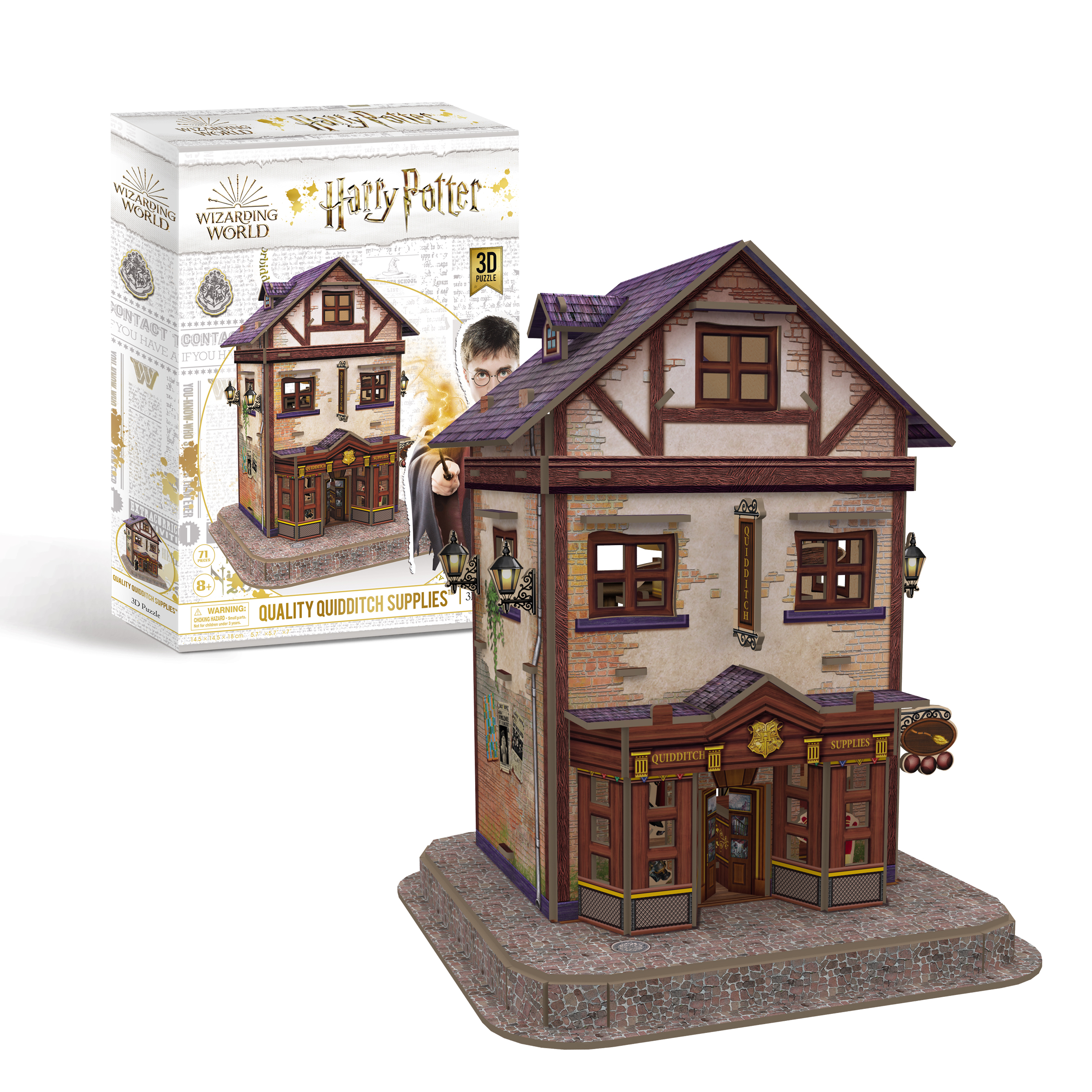 Egy Harry Potter Quidditch bolt 3D-s puzzle a csomagolása mellett.