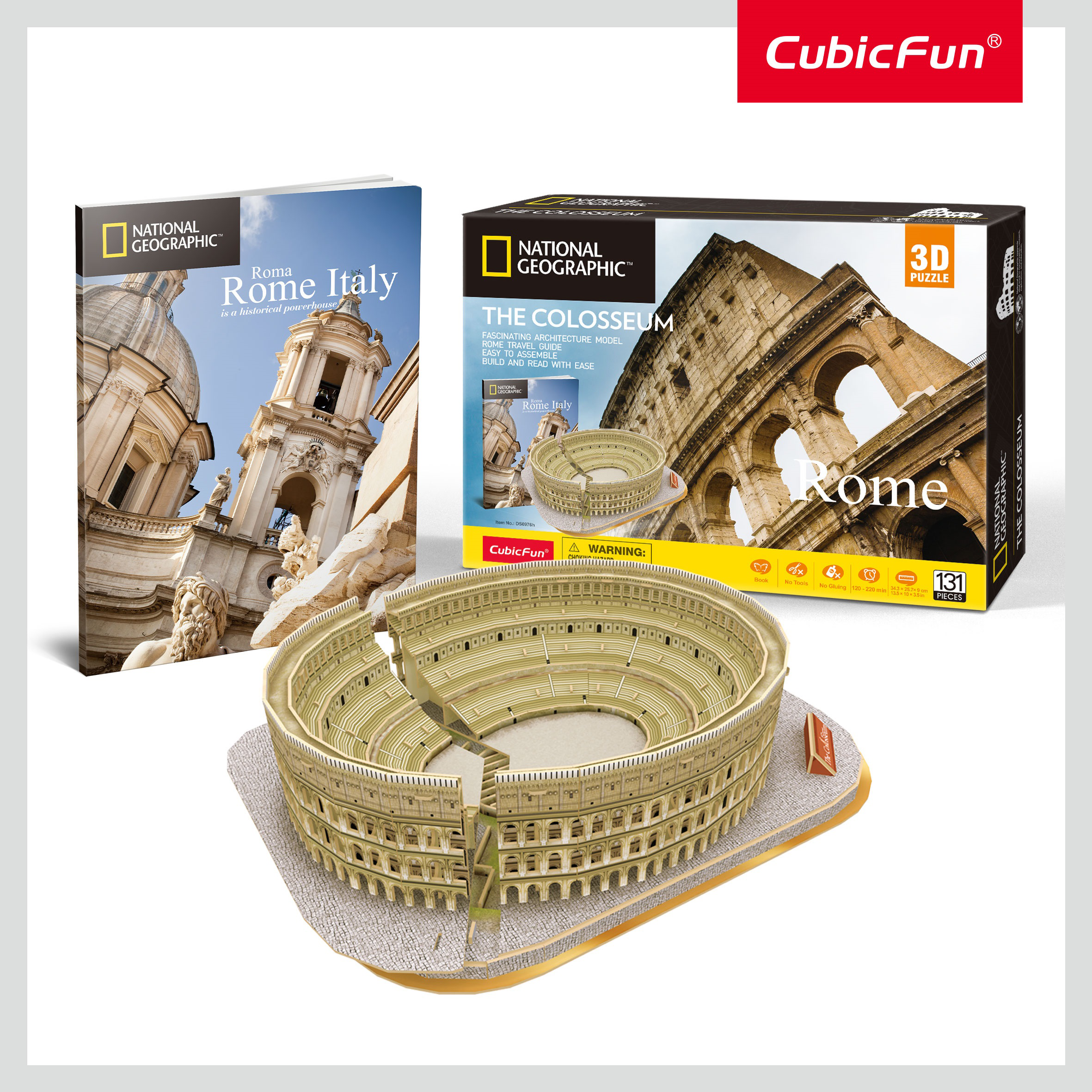 Egy 3D-s Colosseum puzzle és egy National Geographic Róma könyv.
