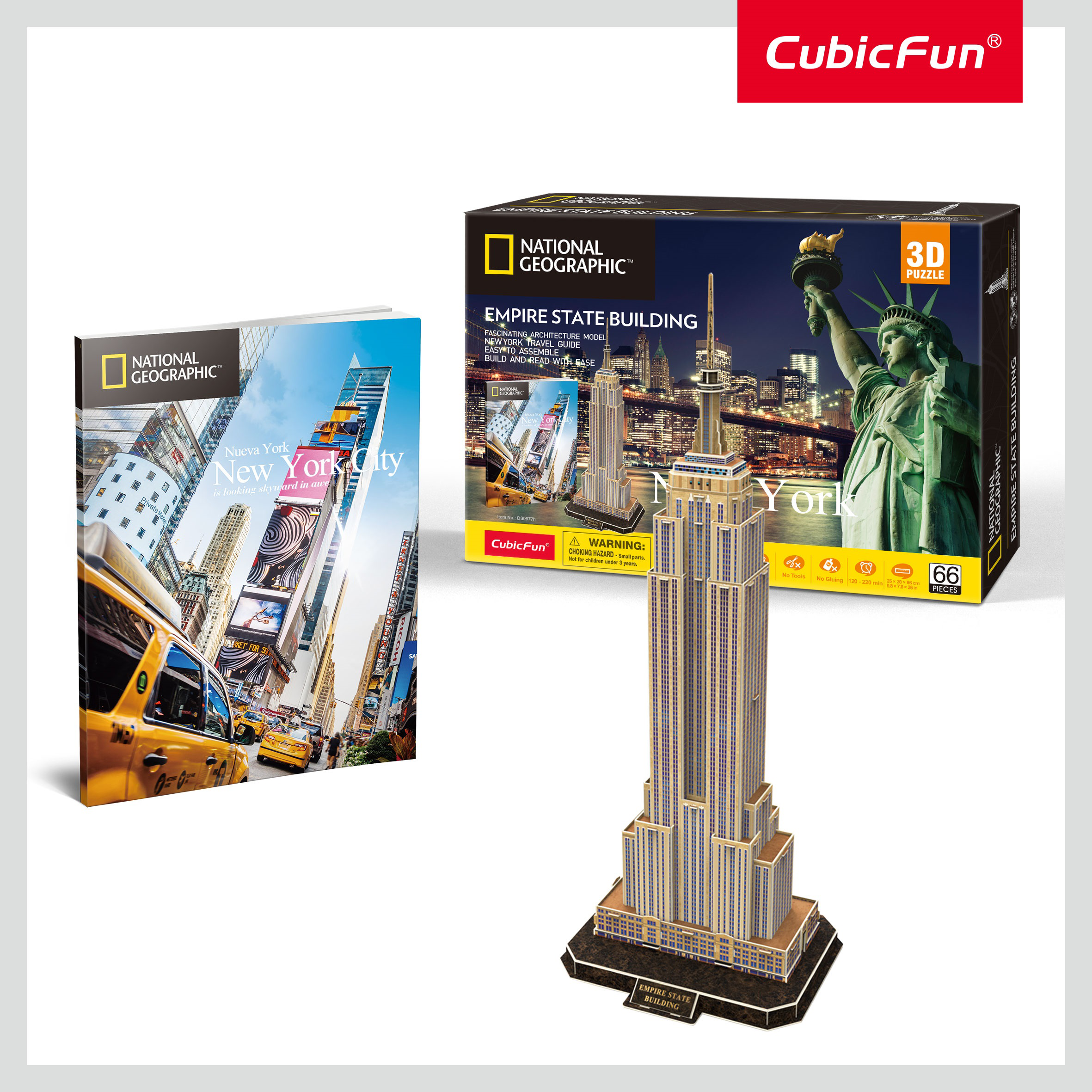 Az Empire State Building 3D modellje egy brosúra és a doboza mellett.