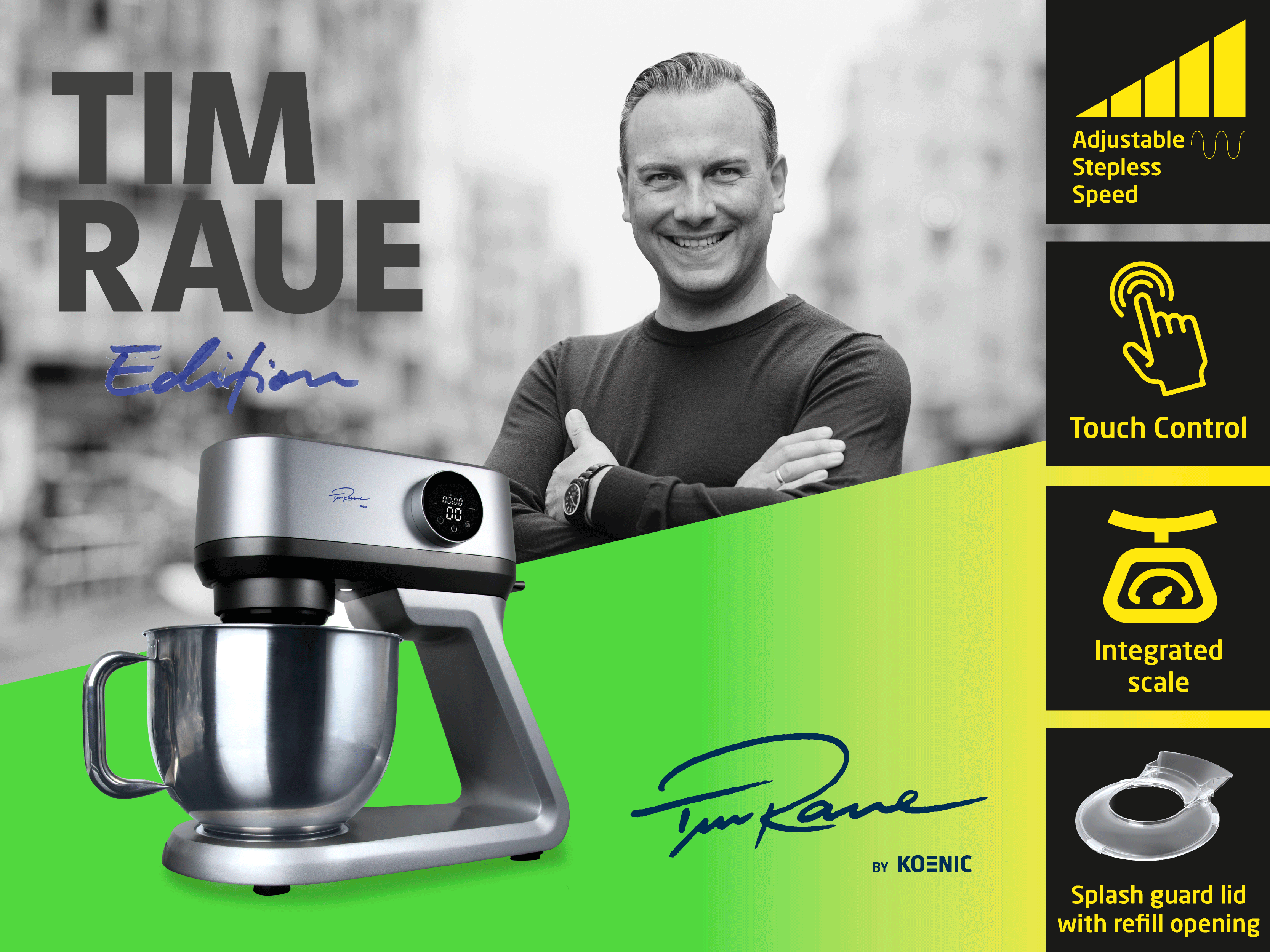 Ein Mann lächelt neben einer Küchenmaschine mit Funktionen.