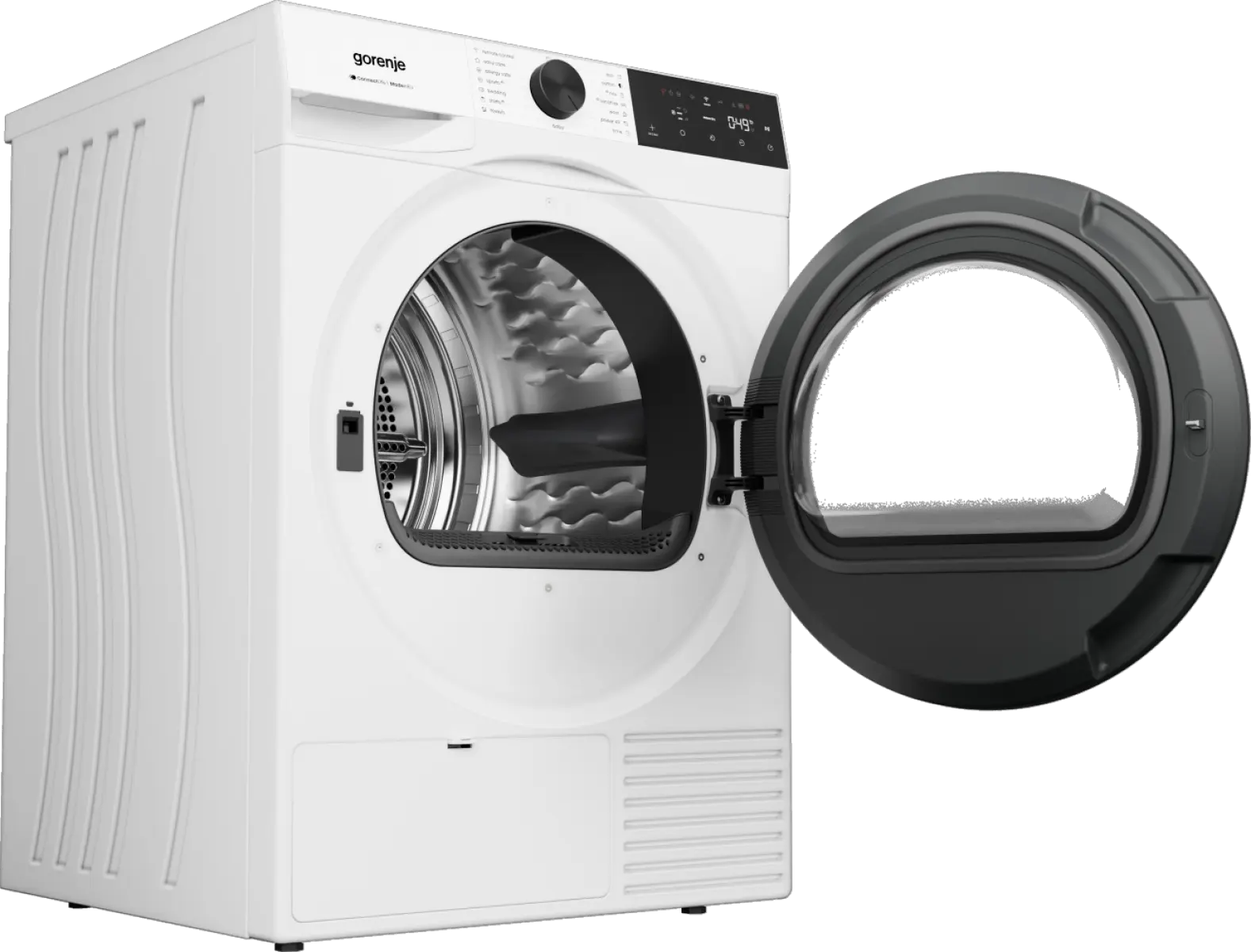 Fehér Gorenje szárítógép nyitott sötét ajtóval.