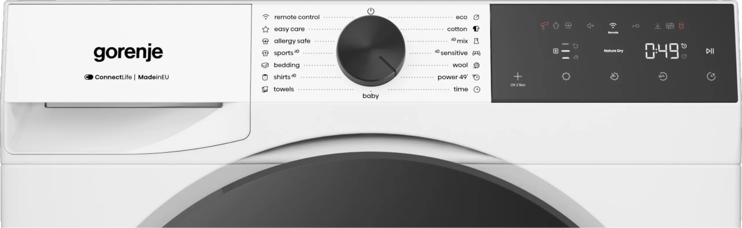 Gorenje mosógép vezérlőpult programokkal és digitális kijelzőn 0:49 látható.