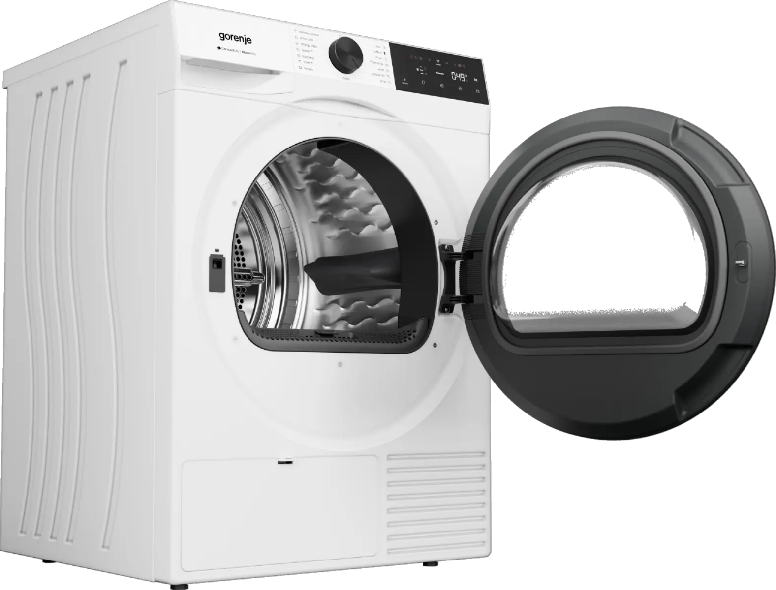 Fehér Gorenje szárítógép nyitott sötétszürke ajtóval és látható dobbal.