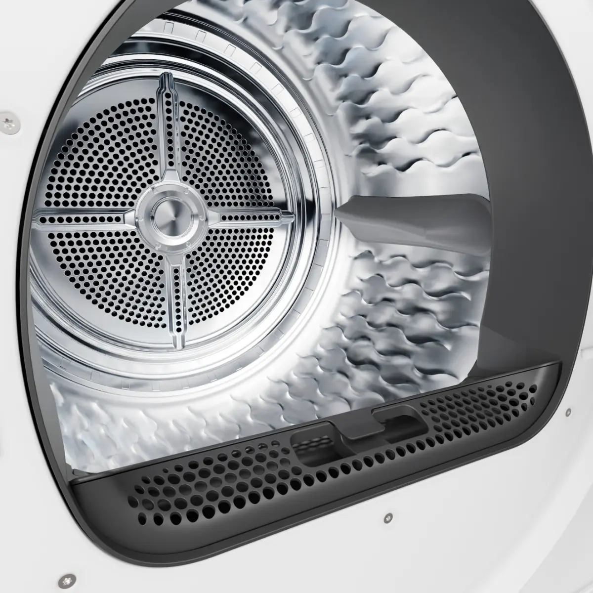 Szárítógép dobjának belseje ventilátorral és szellőzőráccsal.