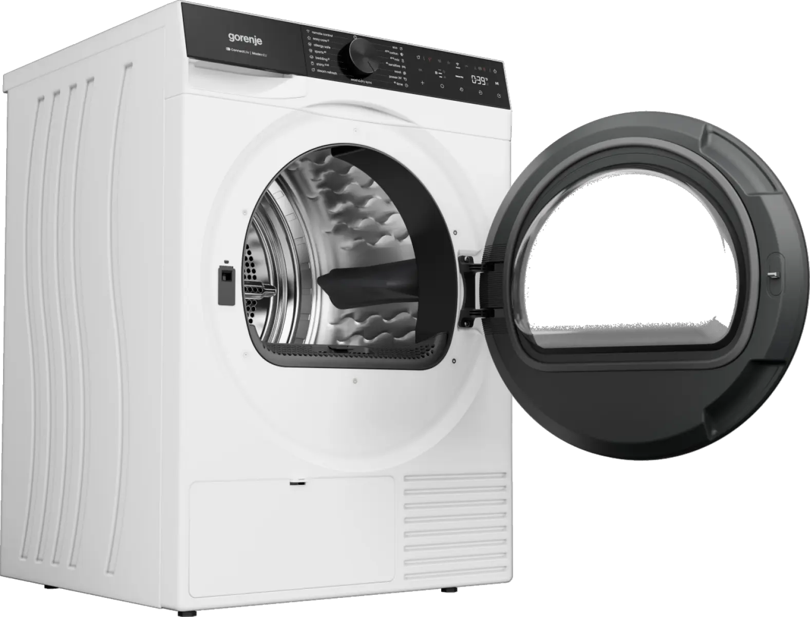Fehér Gorenje szárítógép nyitott ajtóval és digitális kijelzővel.