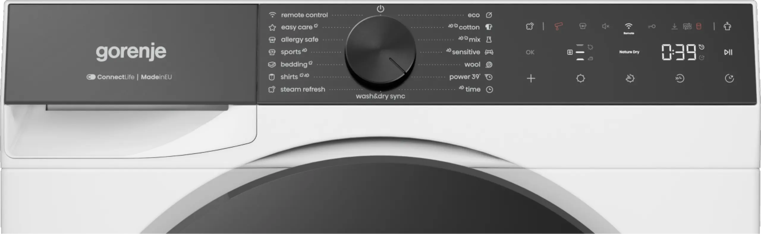 Gorenje mosógép kezelőpaneljének elölnézete, tárcsával és digitális kijelzővel.