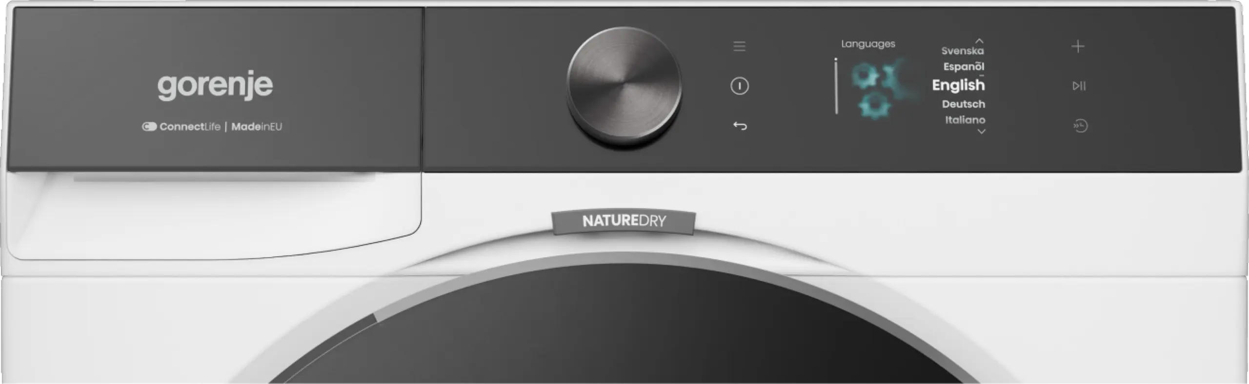 Gorenje mosógép digitális kijelzővel, forgókapcsolóval és 'NATUREDRY' logóval.