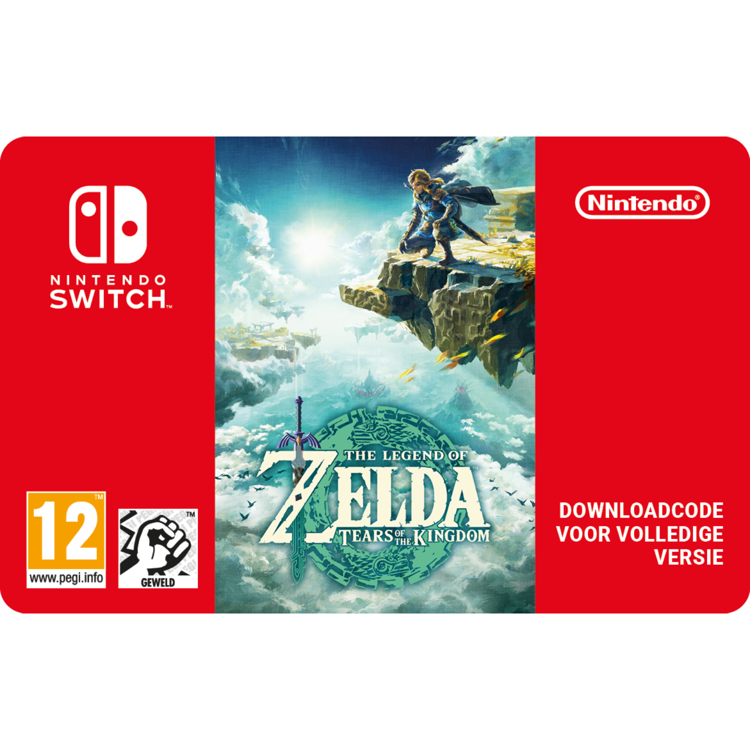 Nintendo Switch hoes voor "The Legend of Zelda: Tears of the Kingdom" met Link op een klif.