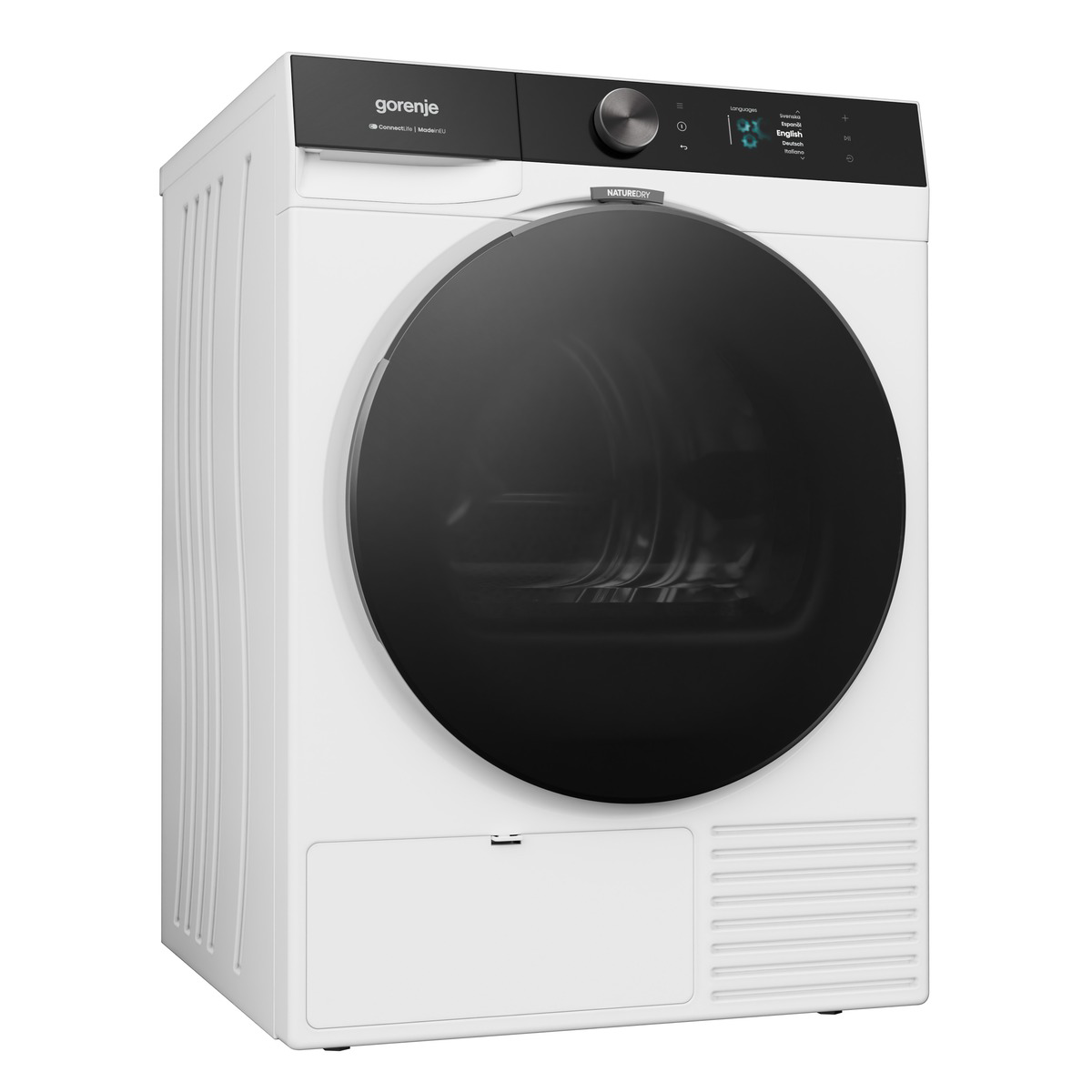 Egy fehér Gorenje mosógép nagy fekete ablaküveggel.