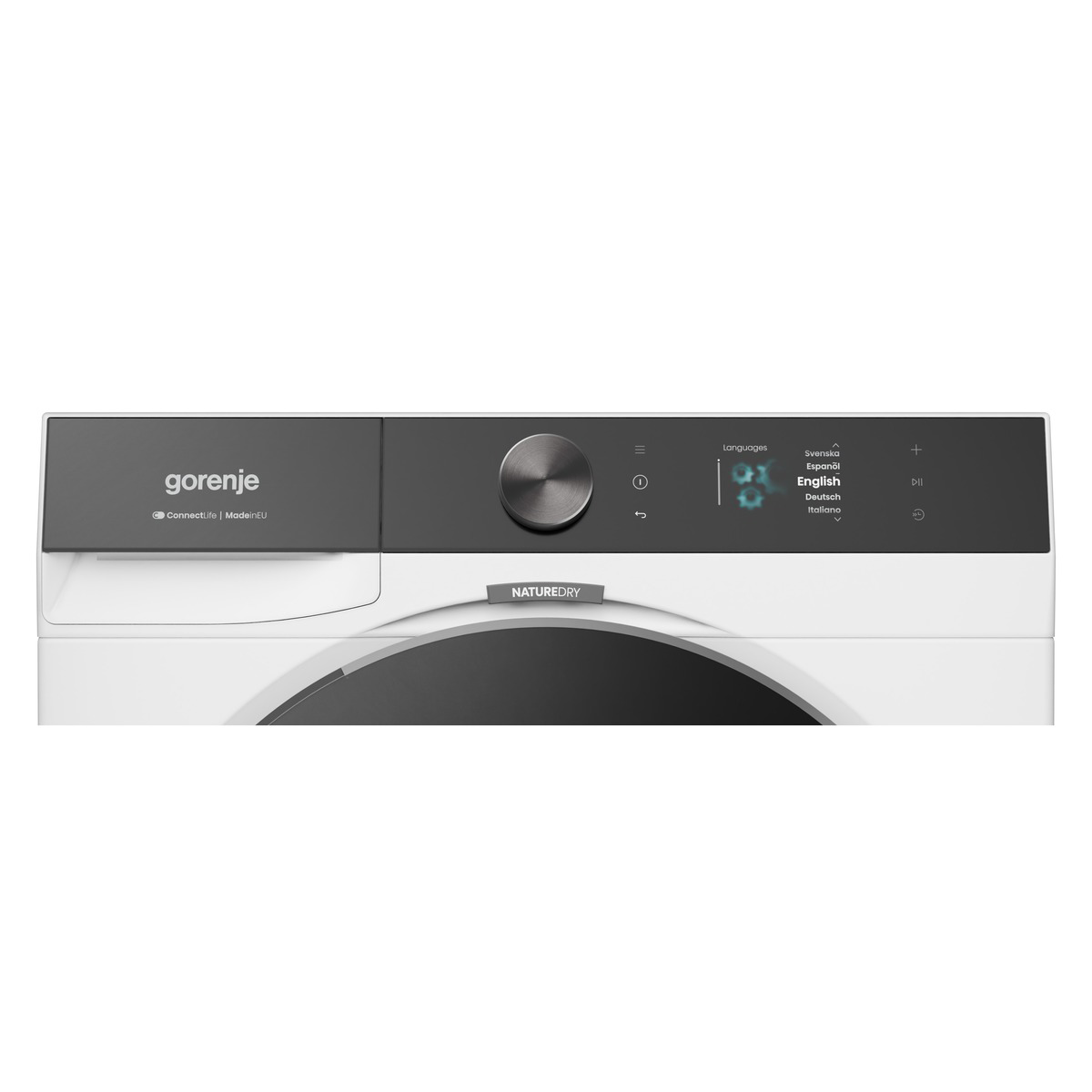 Gorenje mosógép kezelőpanelje, nyelvválasztási lehetőségekkel, beleértve az angolt.