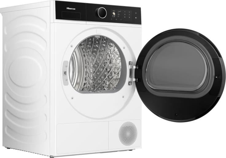 Fehér Hisense szárítógép nyitott dobbal és fekete ajtóval.