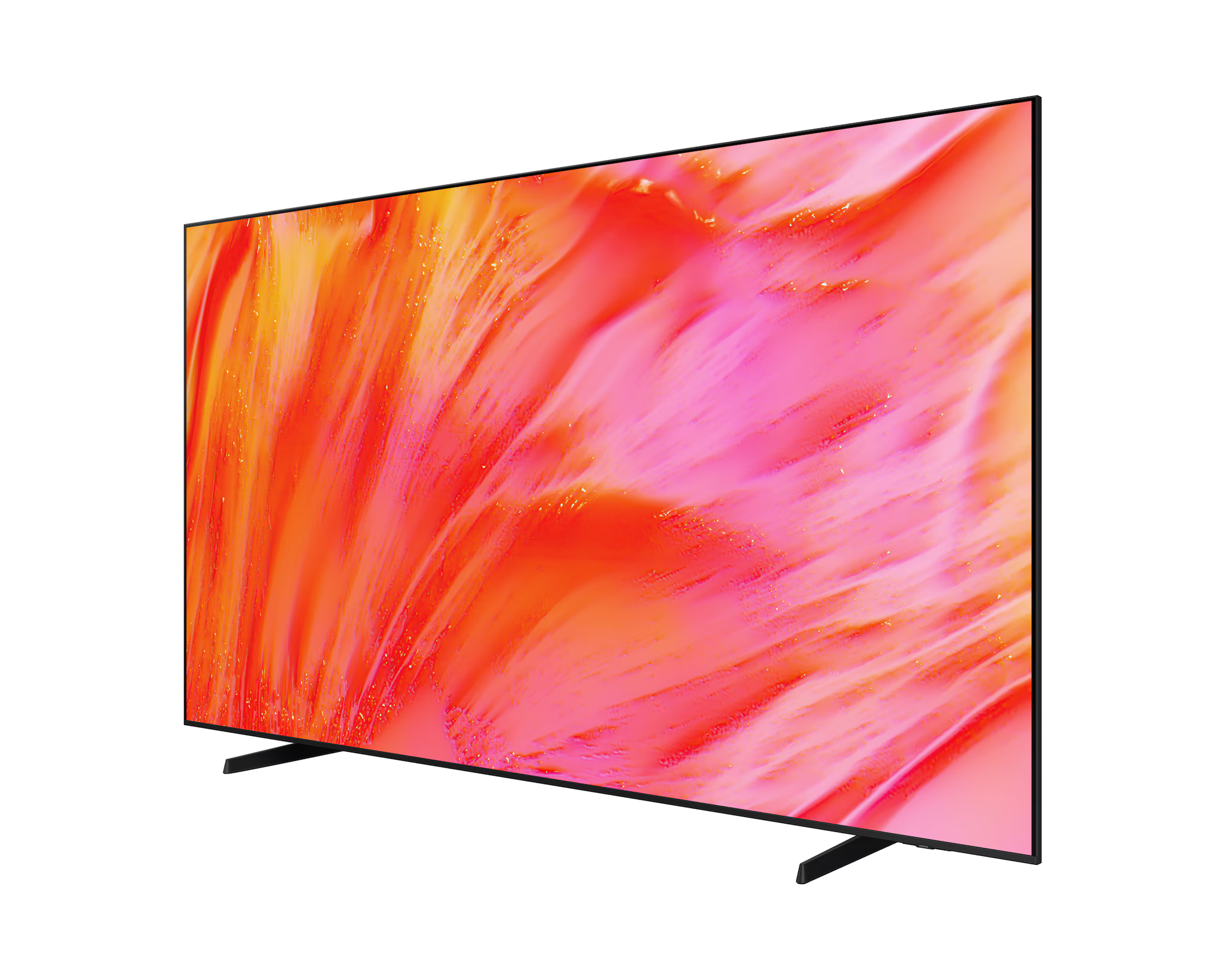 Egy modern, síkképernyős TV élénk, narancssárga és rózsaszín absztrakt képpel.