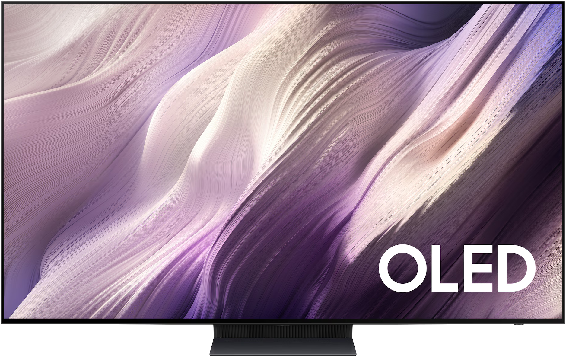 Egy modern TV, amely lila és fehér hullámzó mintákat jelenít meg a képernyőn, az OLED szóval.