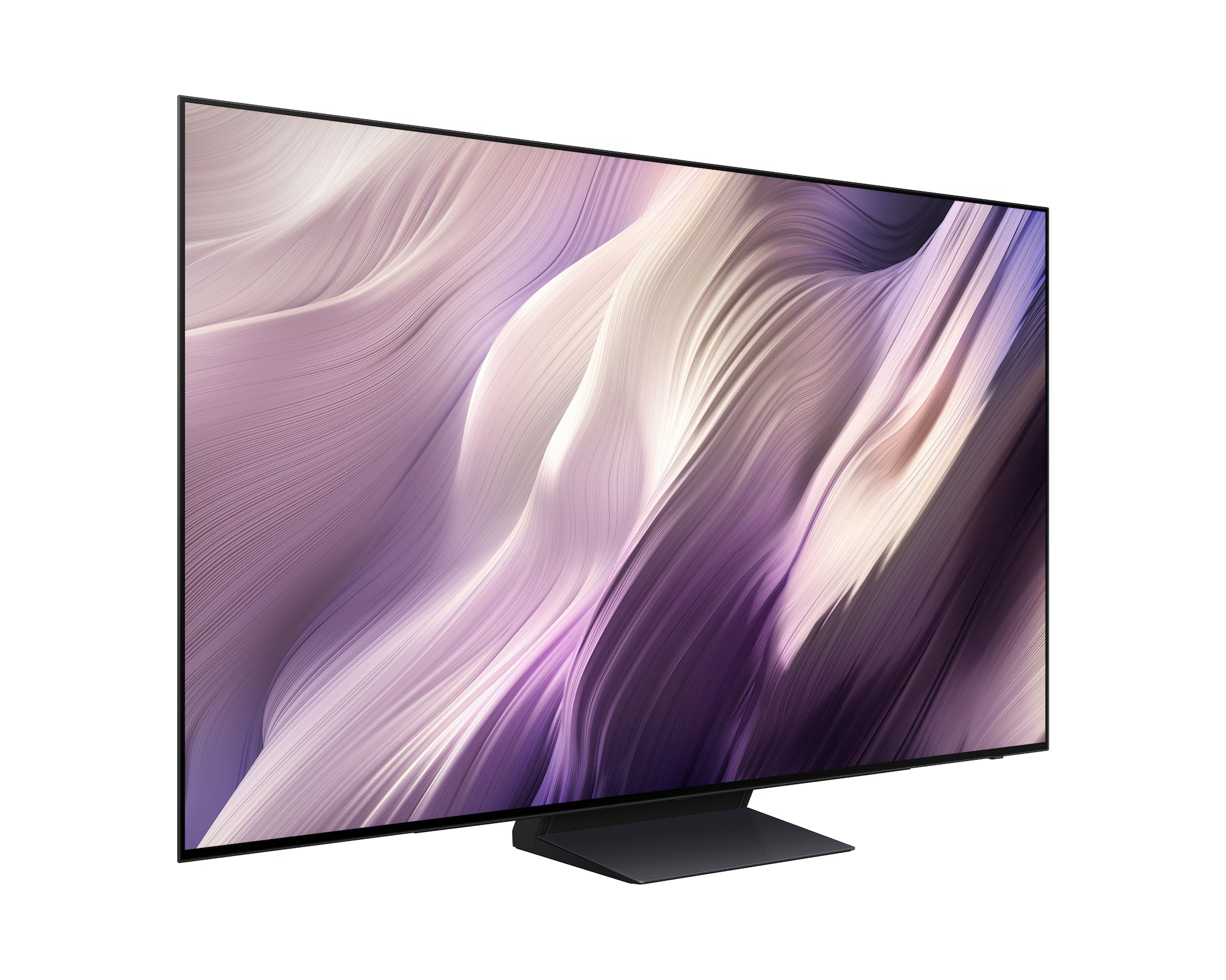Egy modern televízió, amely absztrakt, áramló lila és fehér mintát jelenít meg a képernyőjén.