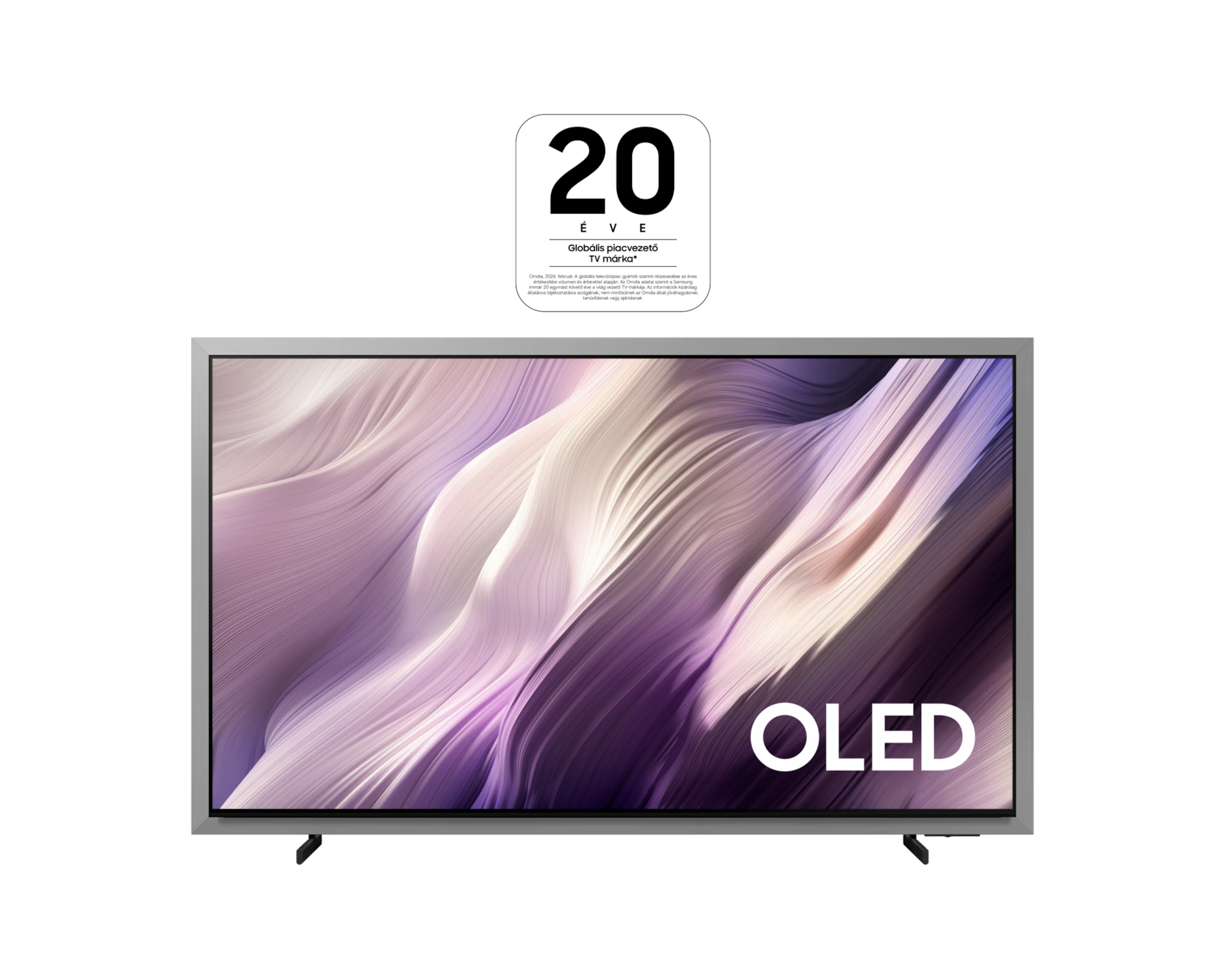 Ezüst televízió, melyen az 'OLED' felirat és absztrakt, áramló kép látható.