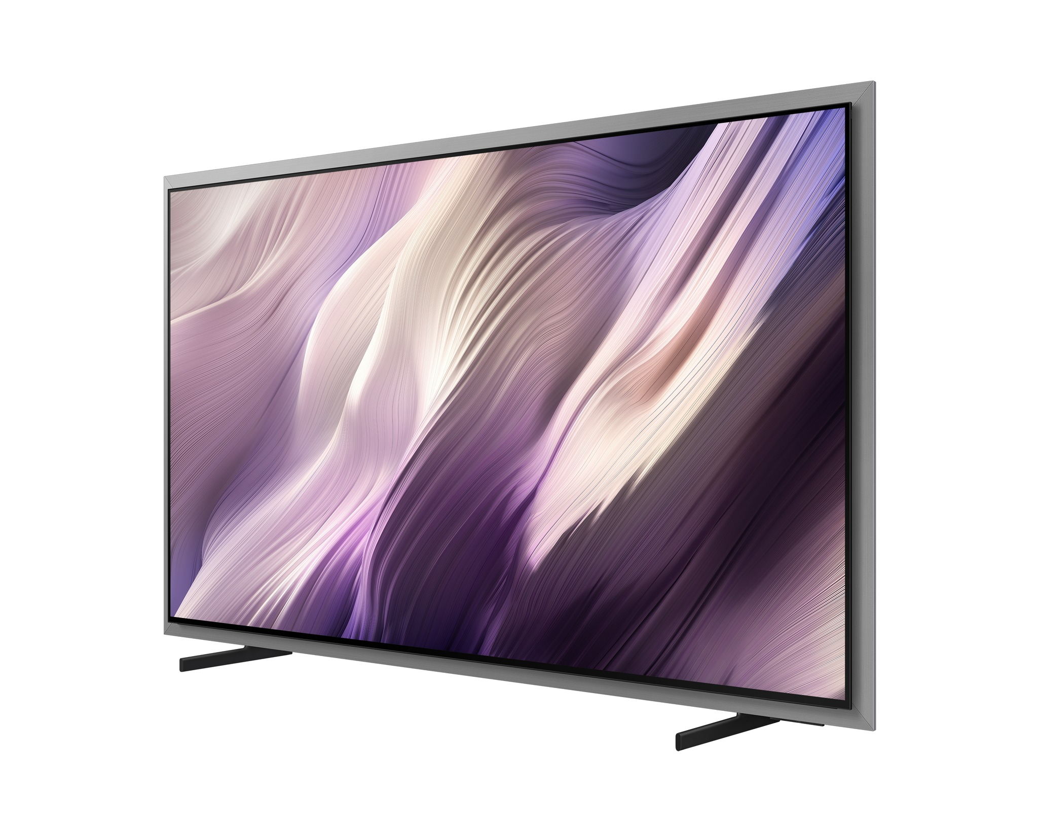 Egy modern televízió elegáns ezüst kerettel, lila és fehér absztrakt mintával.