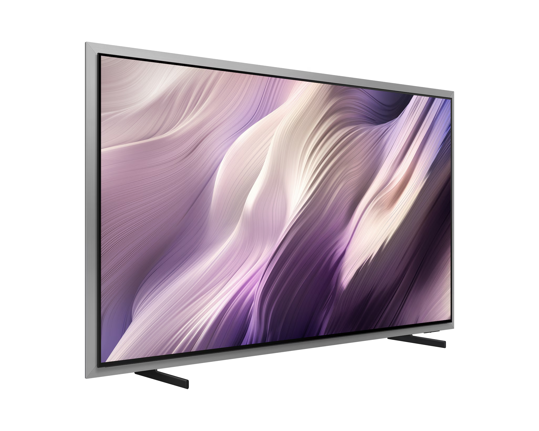 Egy modern televízió ezüst kerettel és absztrakt, áramló mintával a képernyőn.
