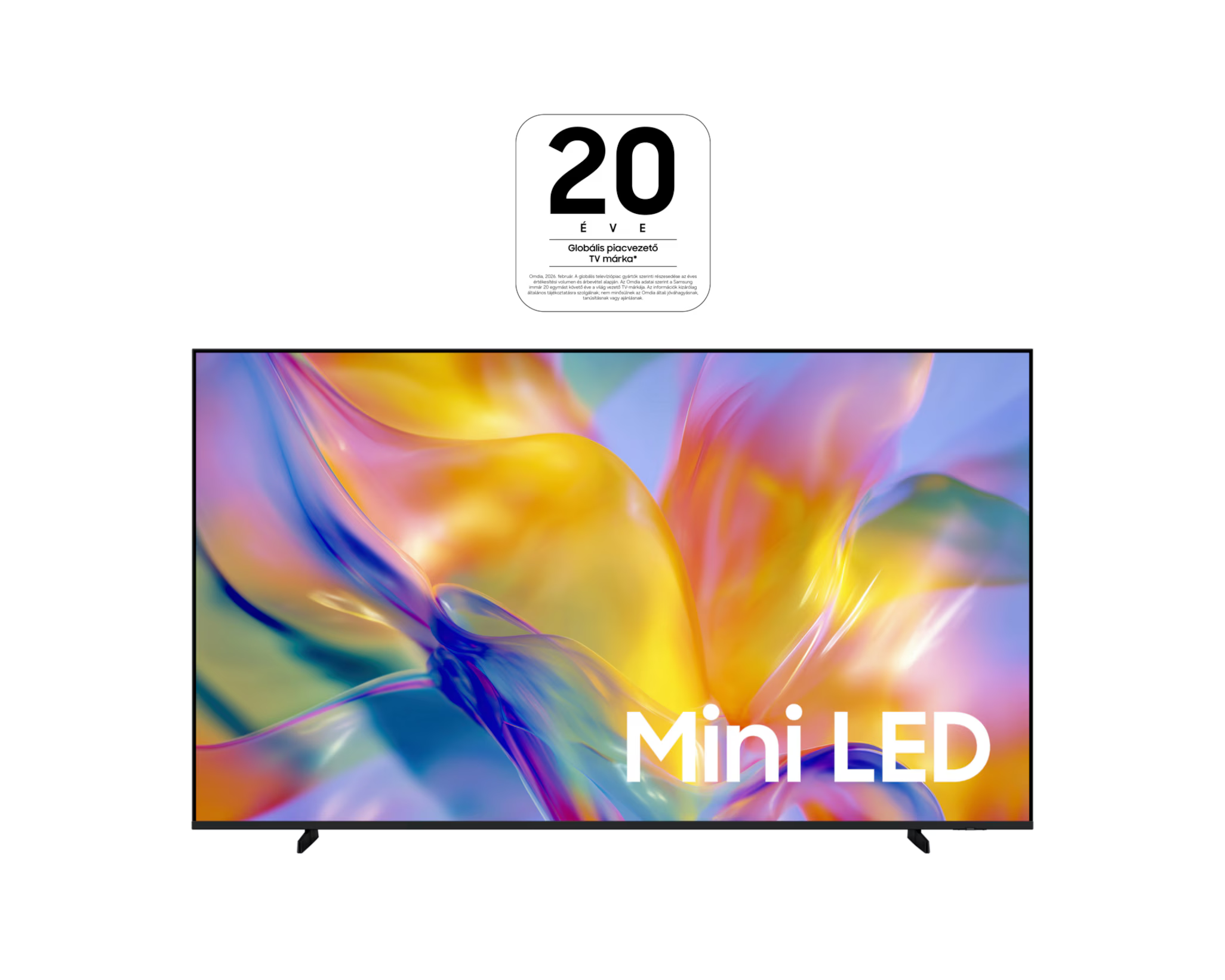 Egy fekete TV, színes absztrakt képpel és "Mini LED" felirattal.