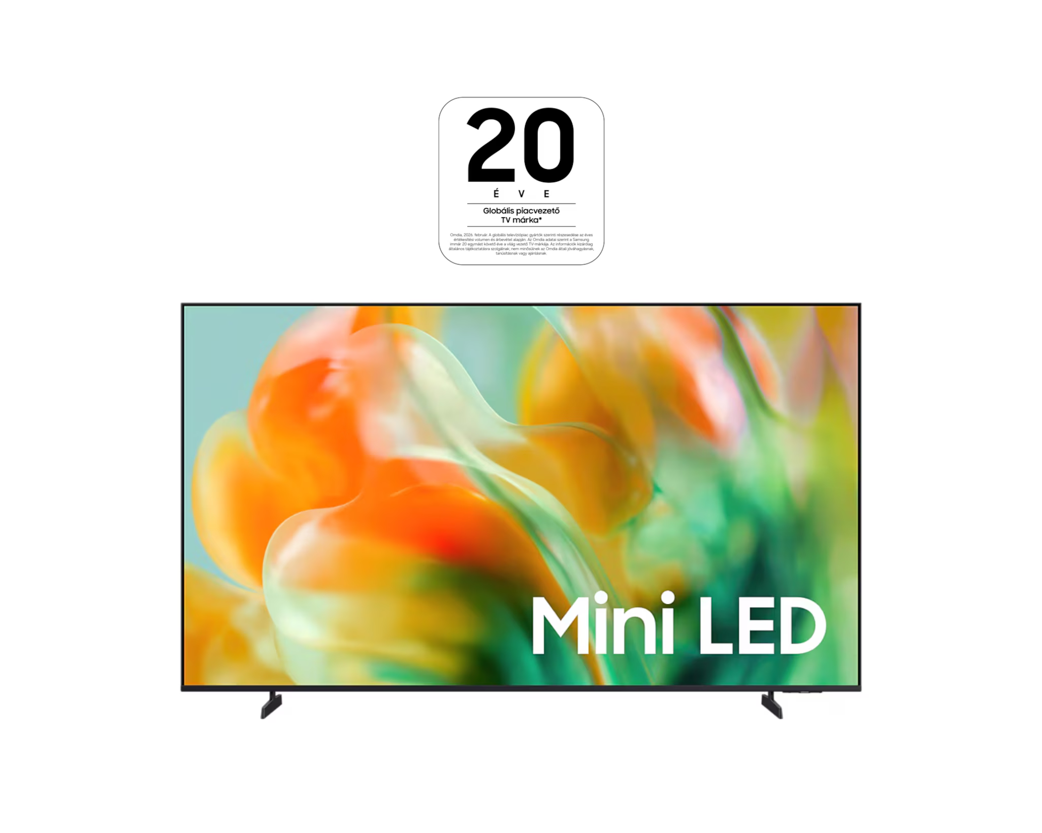 Modern TV absztrakt, színes grafikával és "Mini LED" felirattal.