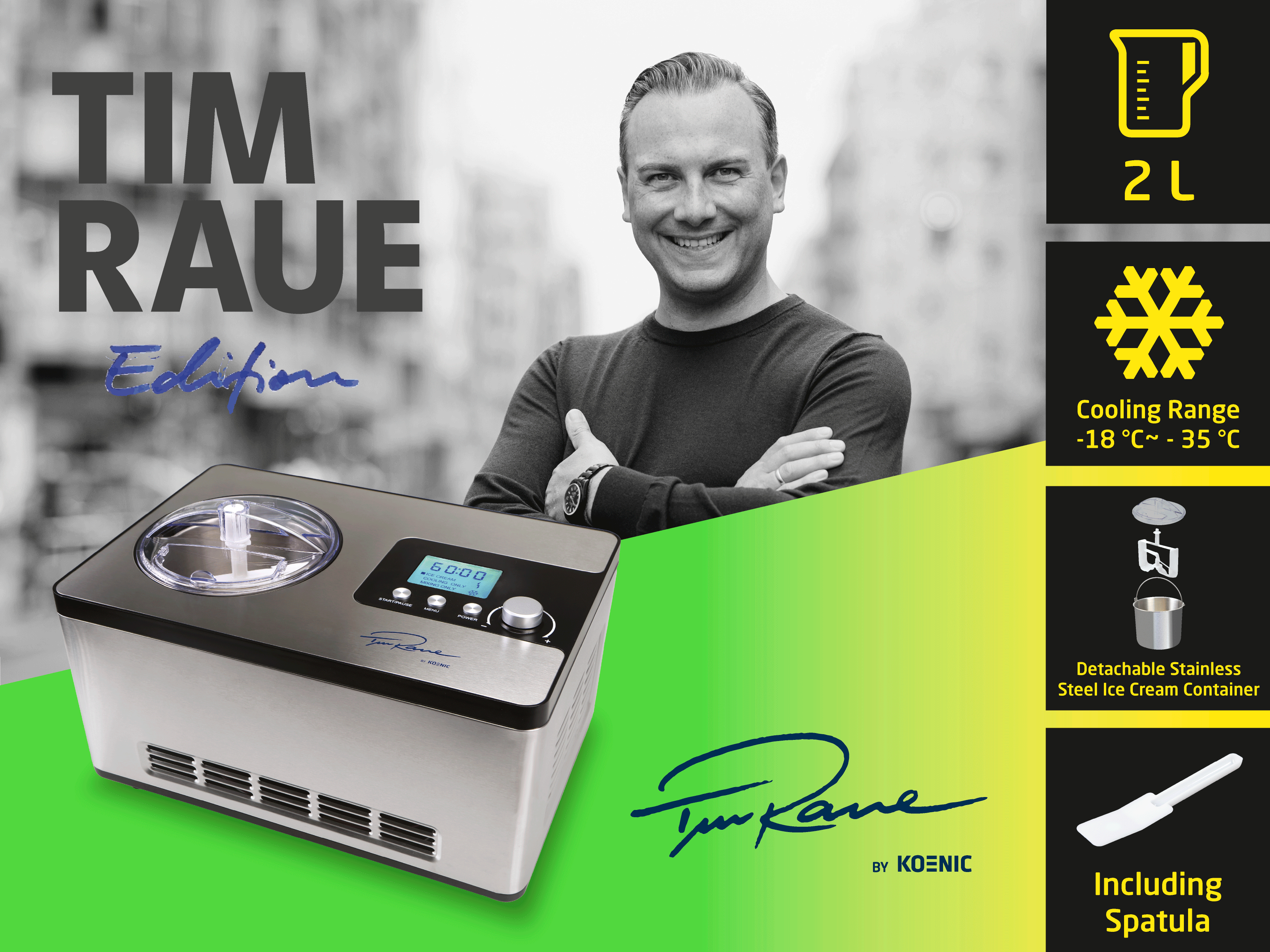 Mann mit Eismaschine: TIM RAUE Edition, 2L, Kühlbereich -18 bis -35°C.