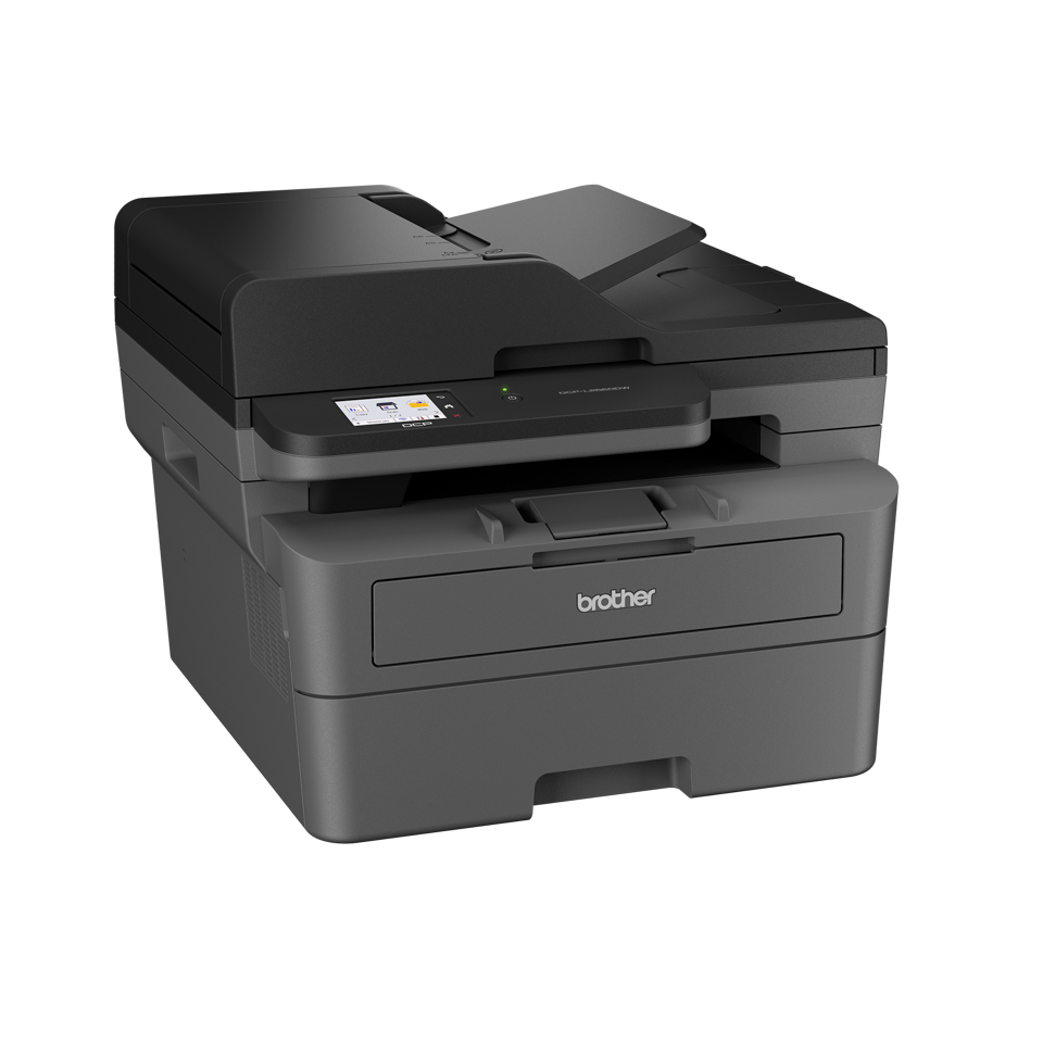 Ein schwarzer und grauer Brother Laserdrucker mit Scanner und Kopierer.
