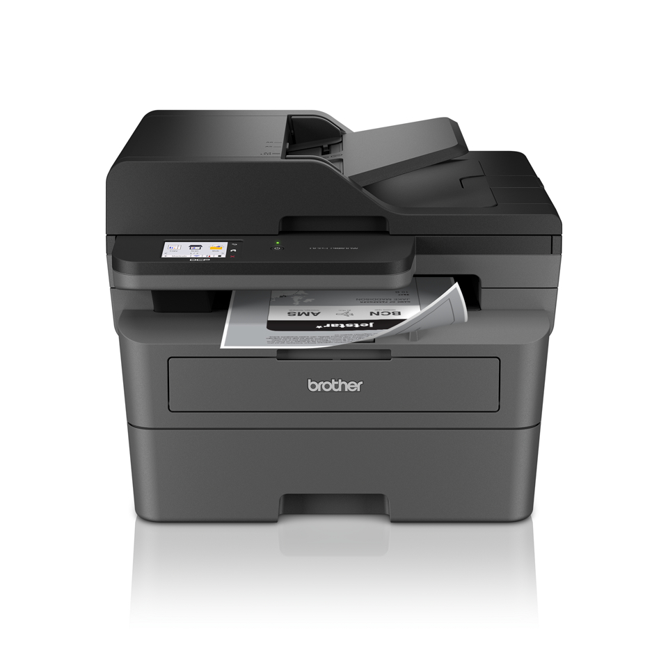 Ein schwarzer Brother Drucker mit einem Fach für Papier.