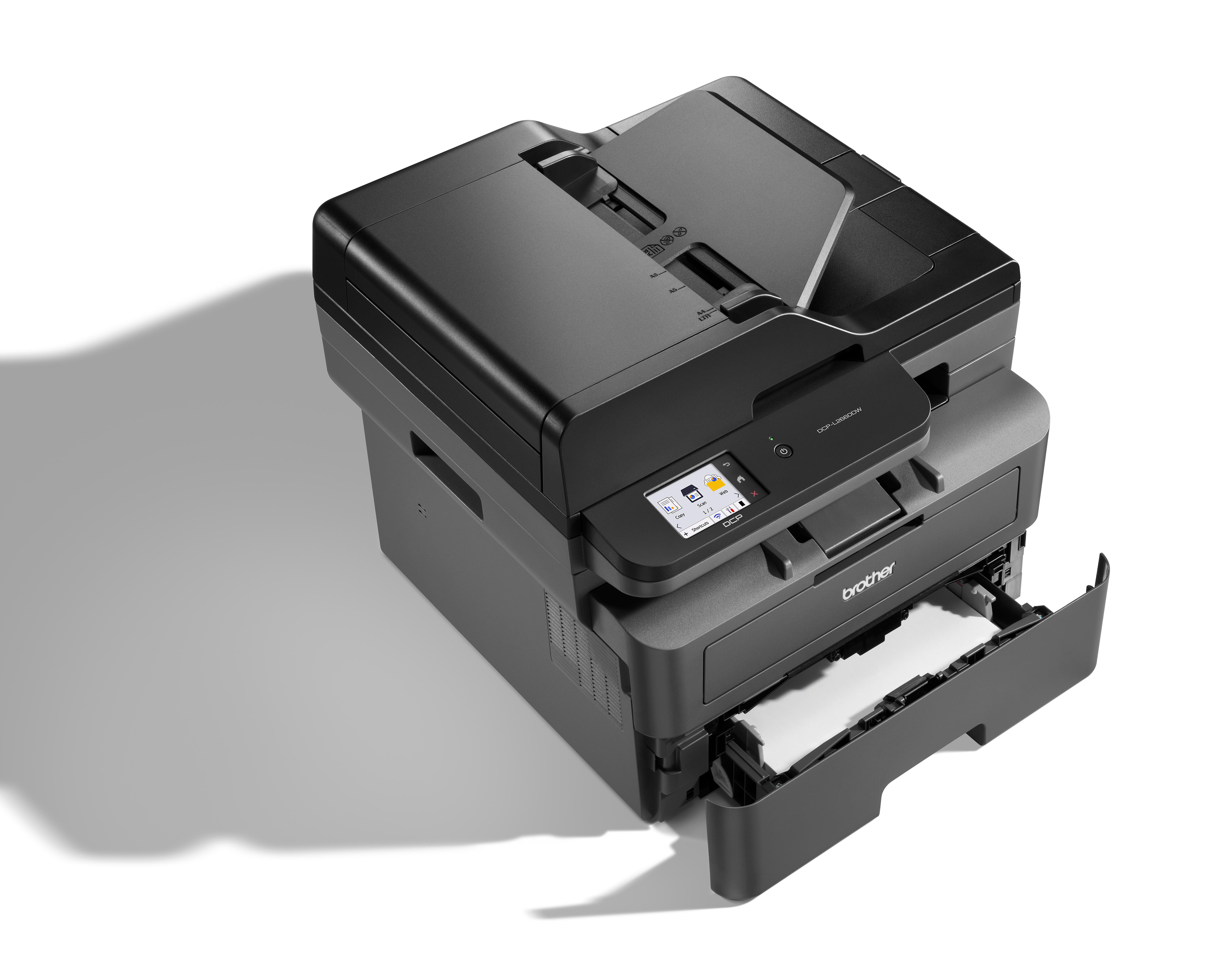 Schwarzer Brother Laserdrucker mit Touchscreen und ausgefahrener Papierablage.