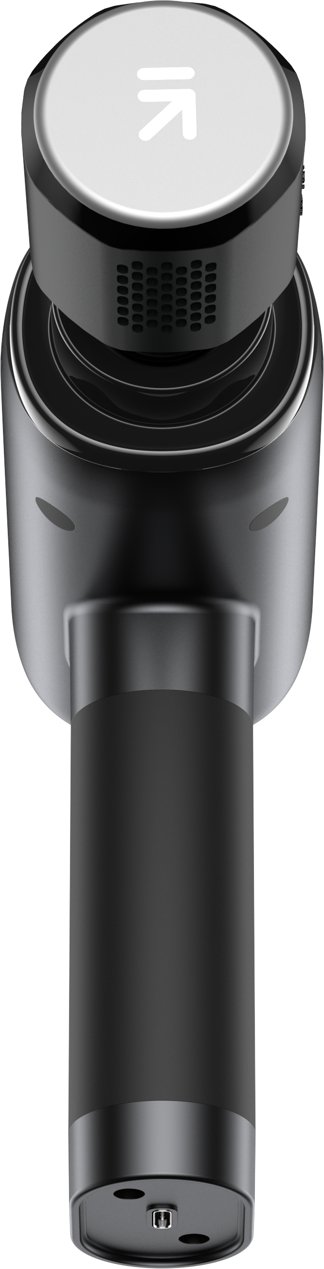 Ein schwarzer Zylinder mit einem weißen Knopf und einem Pfeilsymbol.