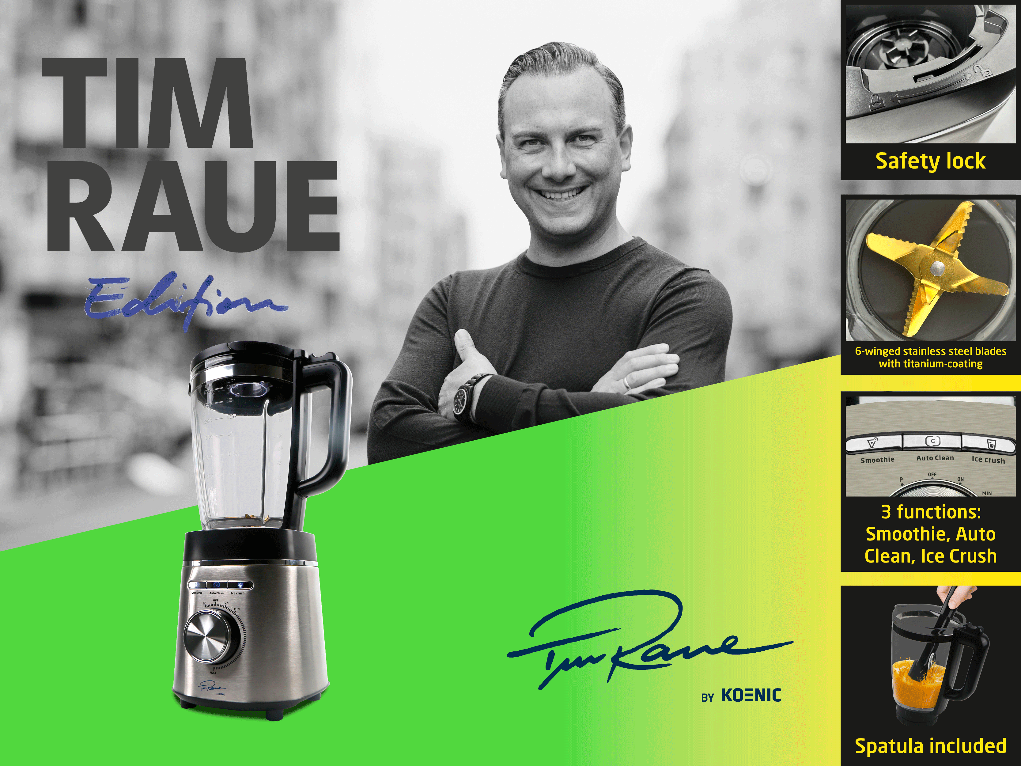 Ein Mann lächelt, ein Mixer, Klingen und Bedienelemente sind abgebildet.
