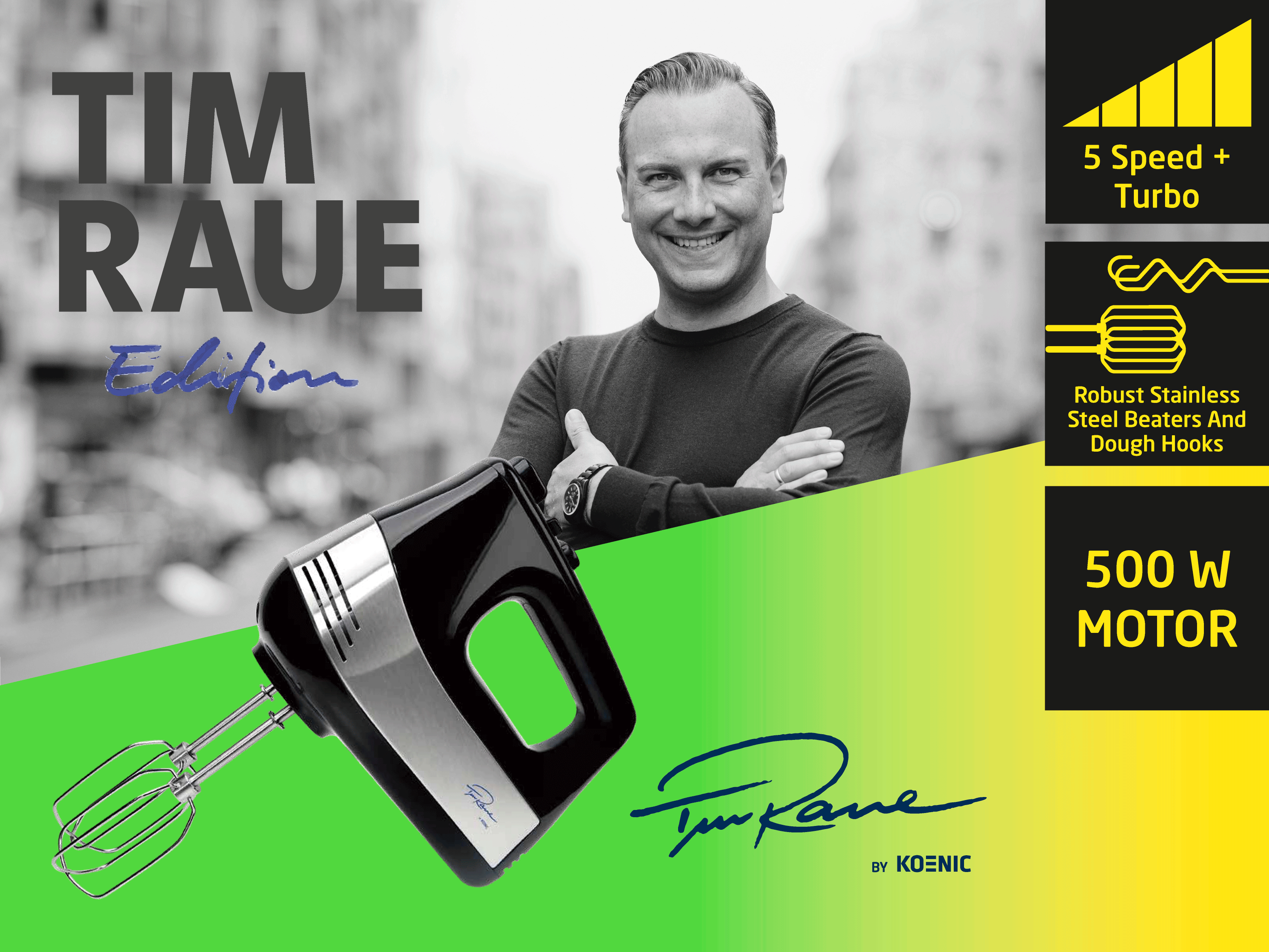 Tim Raues Handmixer mit 5 Geschwindigkeiten und Turbofunktion.