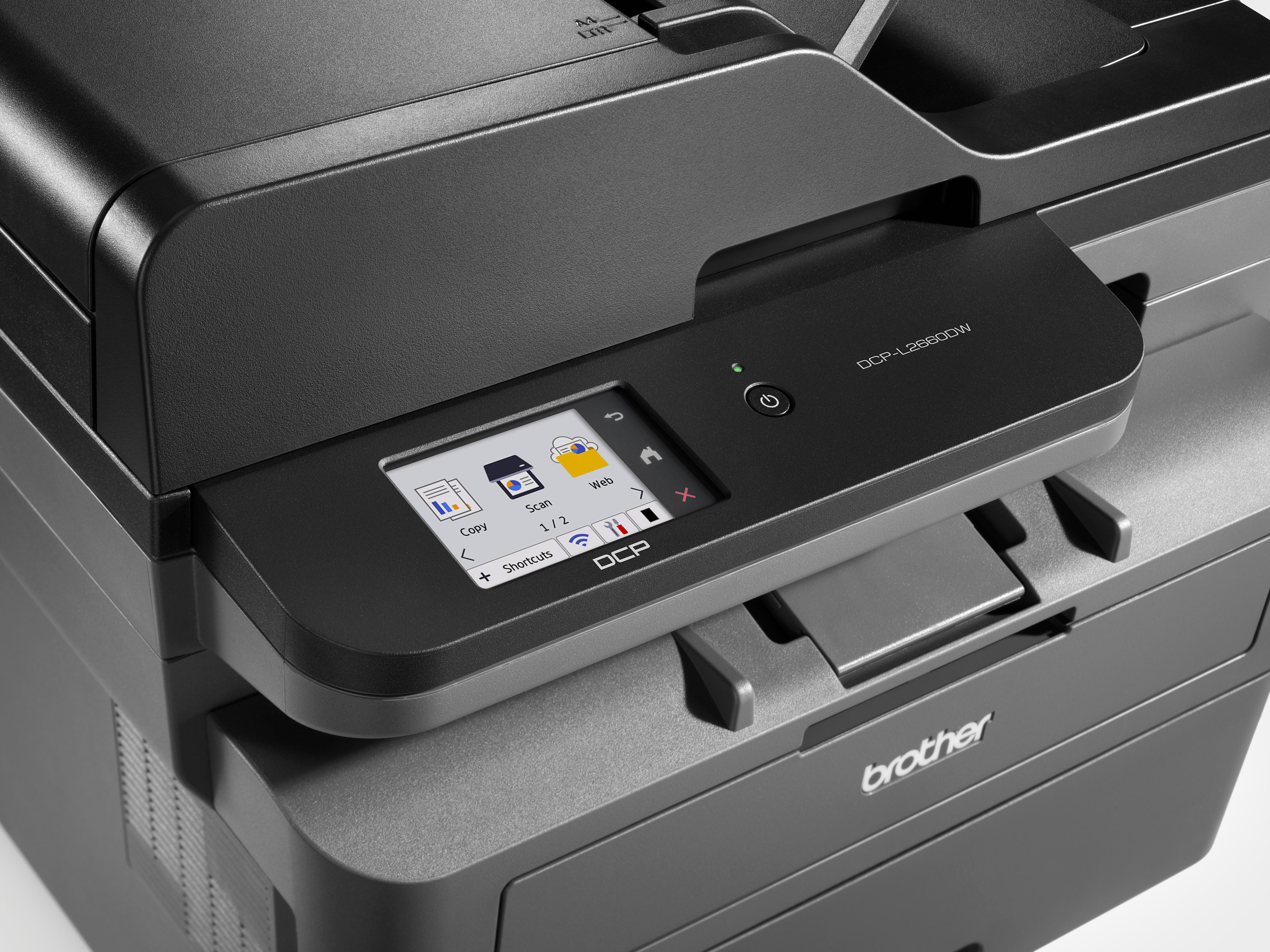 Ein schwarzer Brother DCP-L2660DW Drucker mit Touchscreen-Bedienfeld. Die Symbole zeigen Kopieren, Scannen und Web.