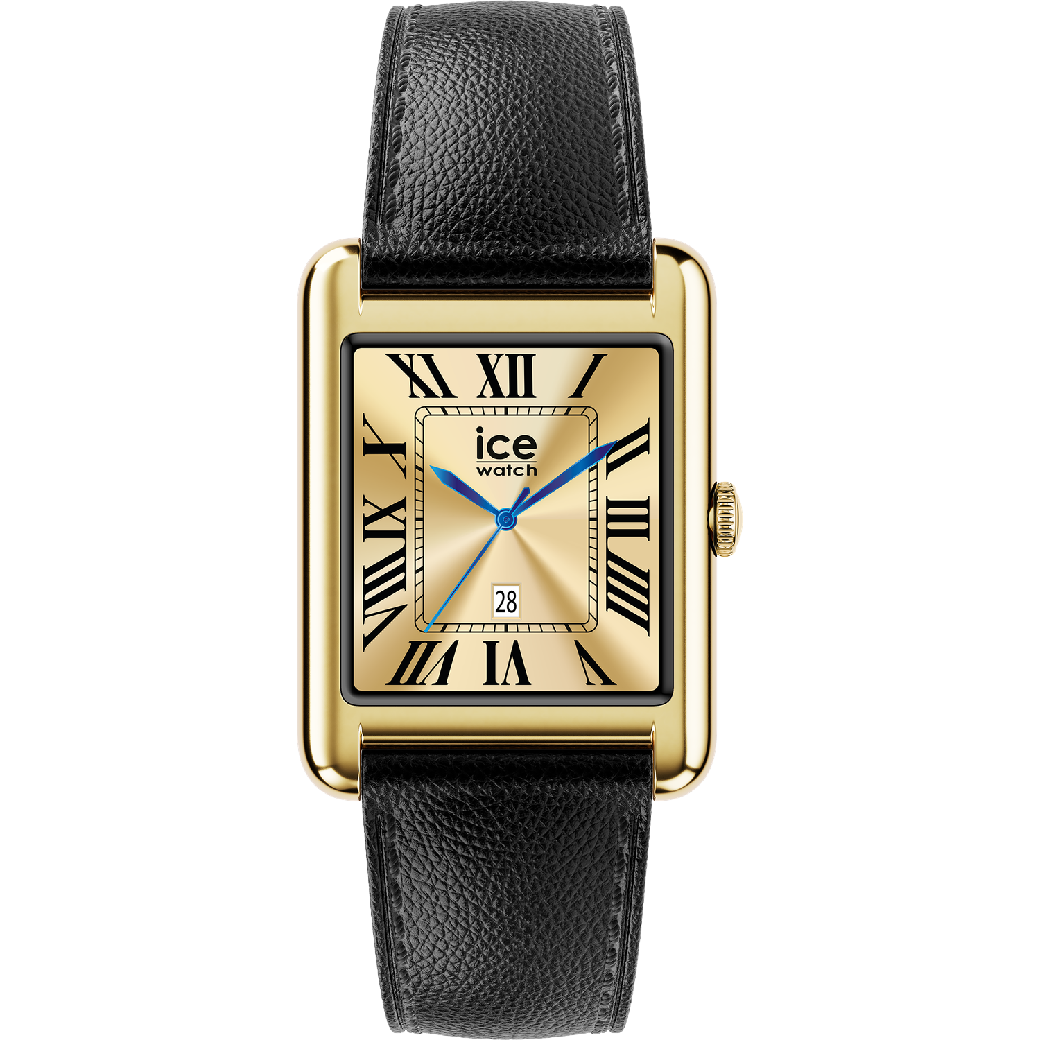 Montre rectangulaire dorée avec bracelet en cuir noir et chiffres romains.