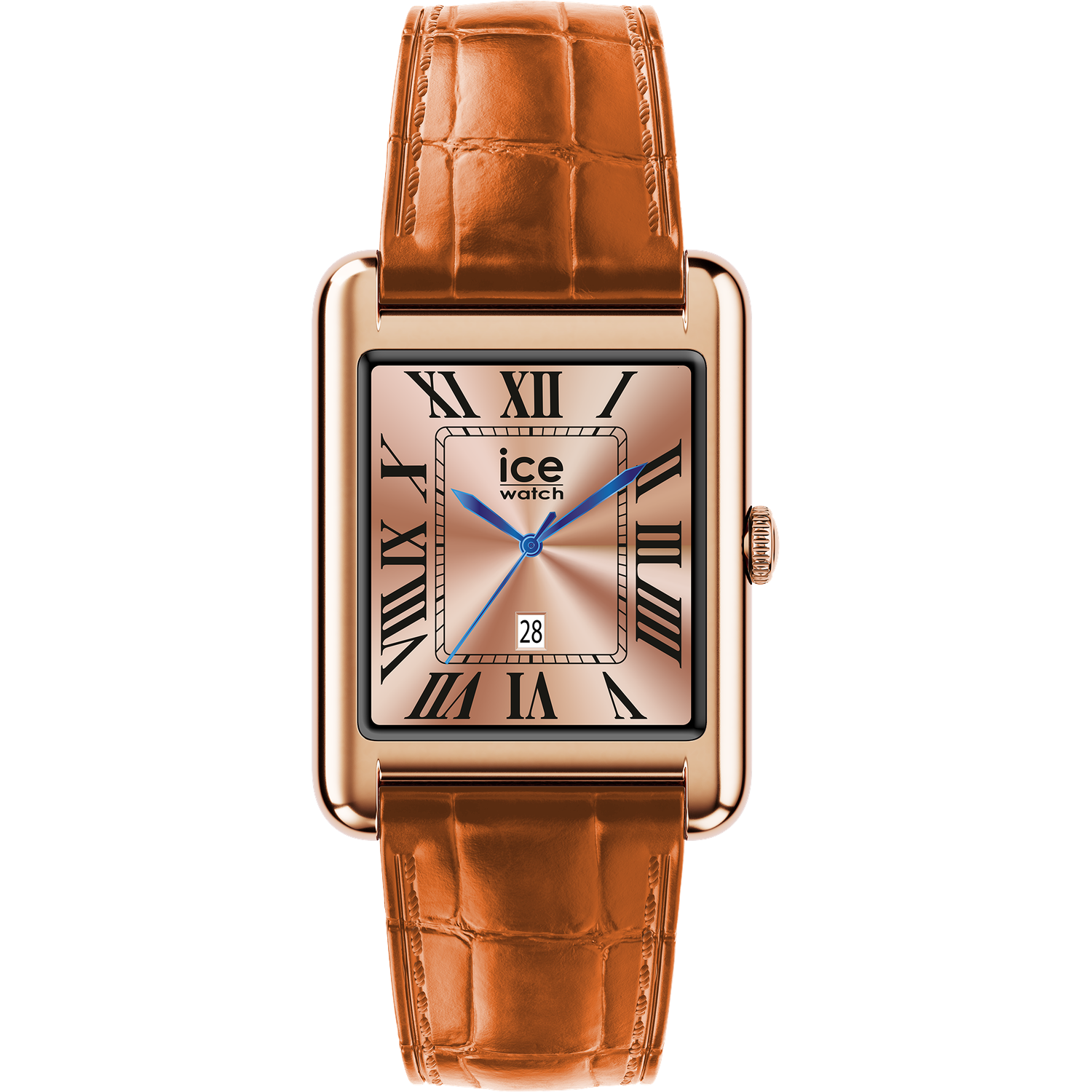 Een roségouden horloge met bruine krokodillenleren band en Romeinse cijfers.