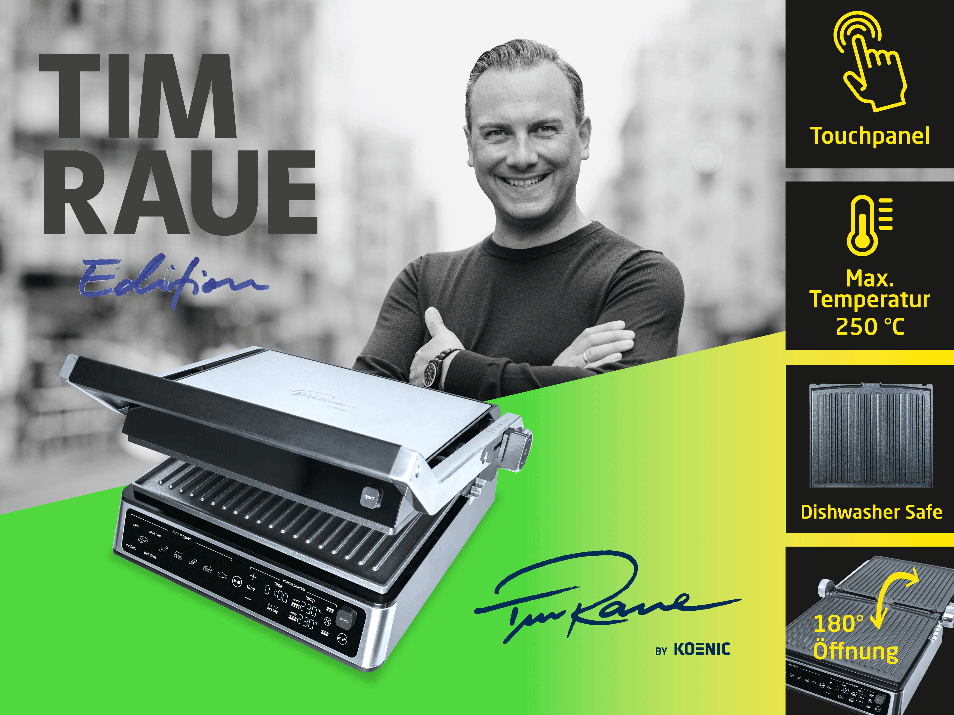 Ein Mann lächelt neben einem Grill mit Tim Raues Unterschrift und Kochfunktionen.