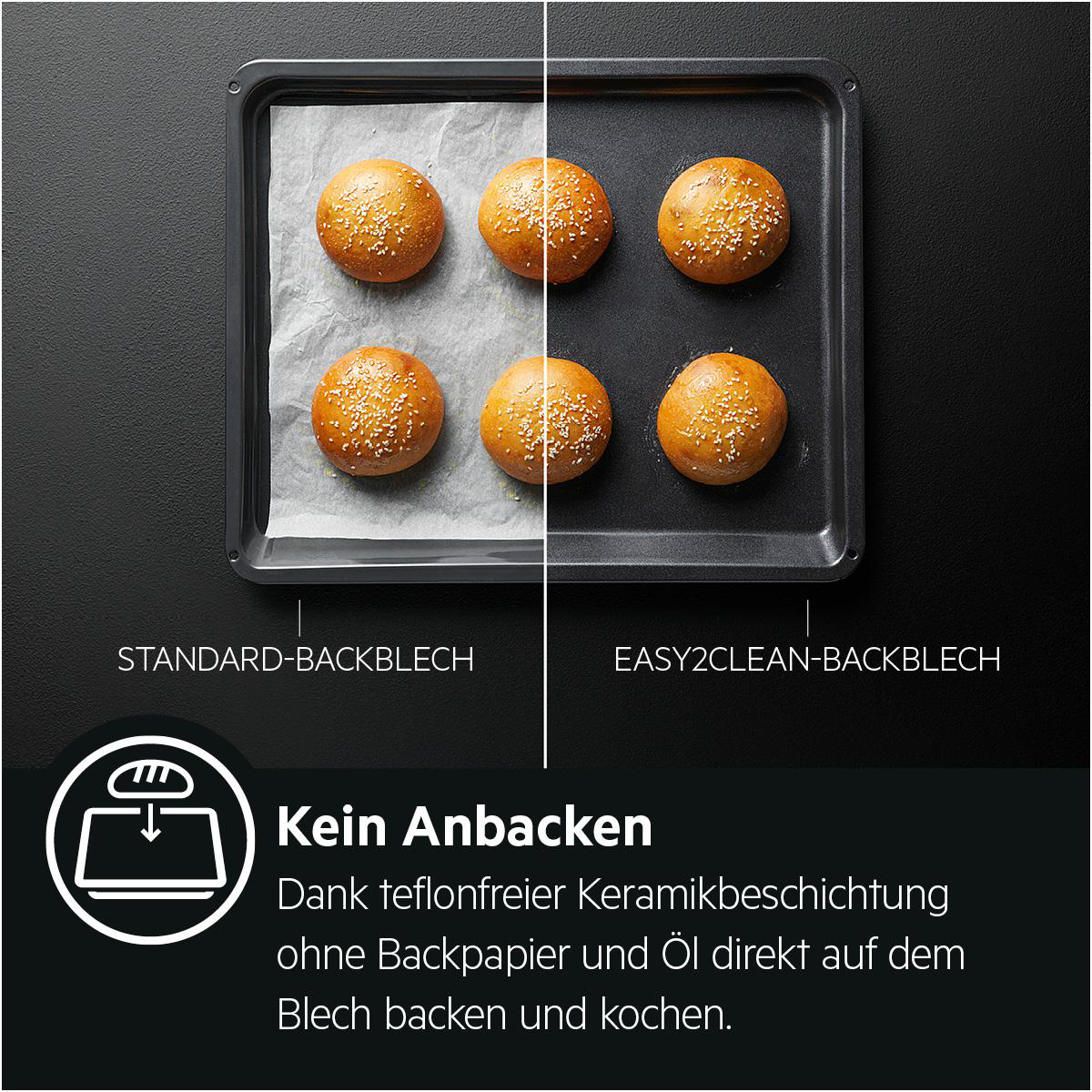Zwei Backbleche mit Brötchen: Links Standard, rechts Easy2Clean.