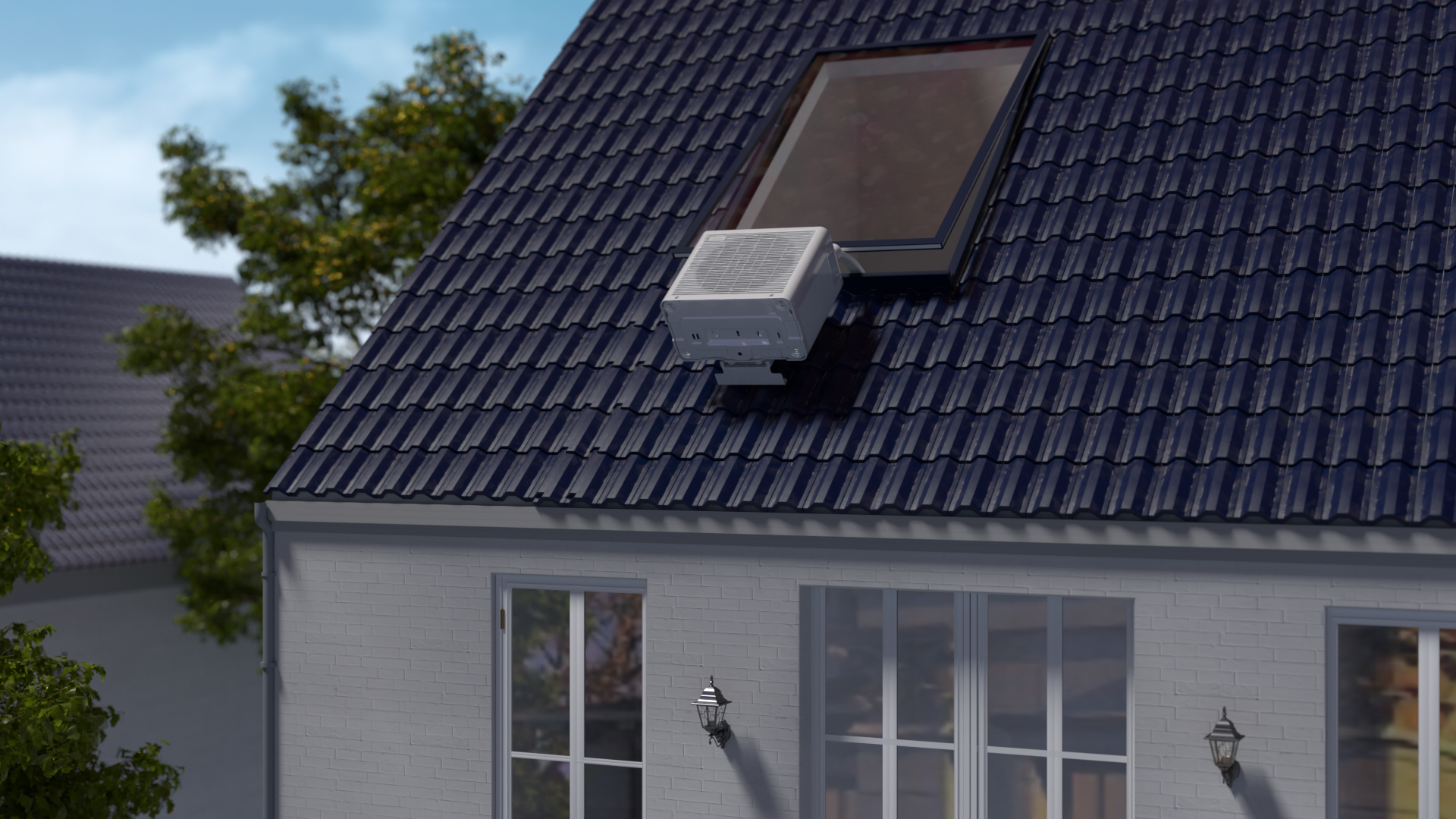 Klimaanlage auf dunklem Ziegeldach neben Dachfenster.