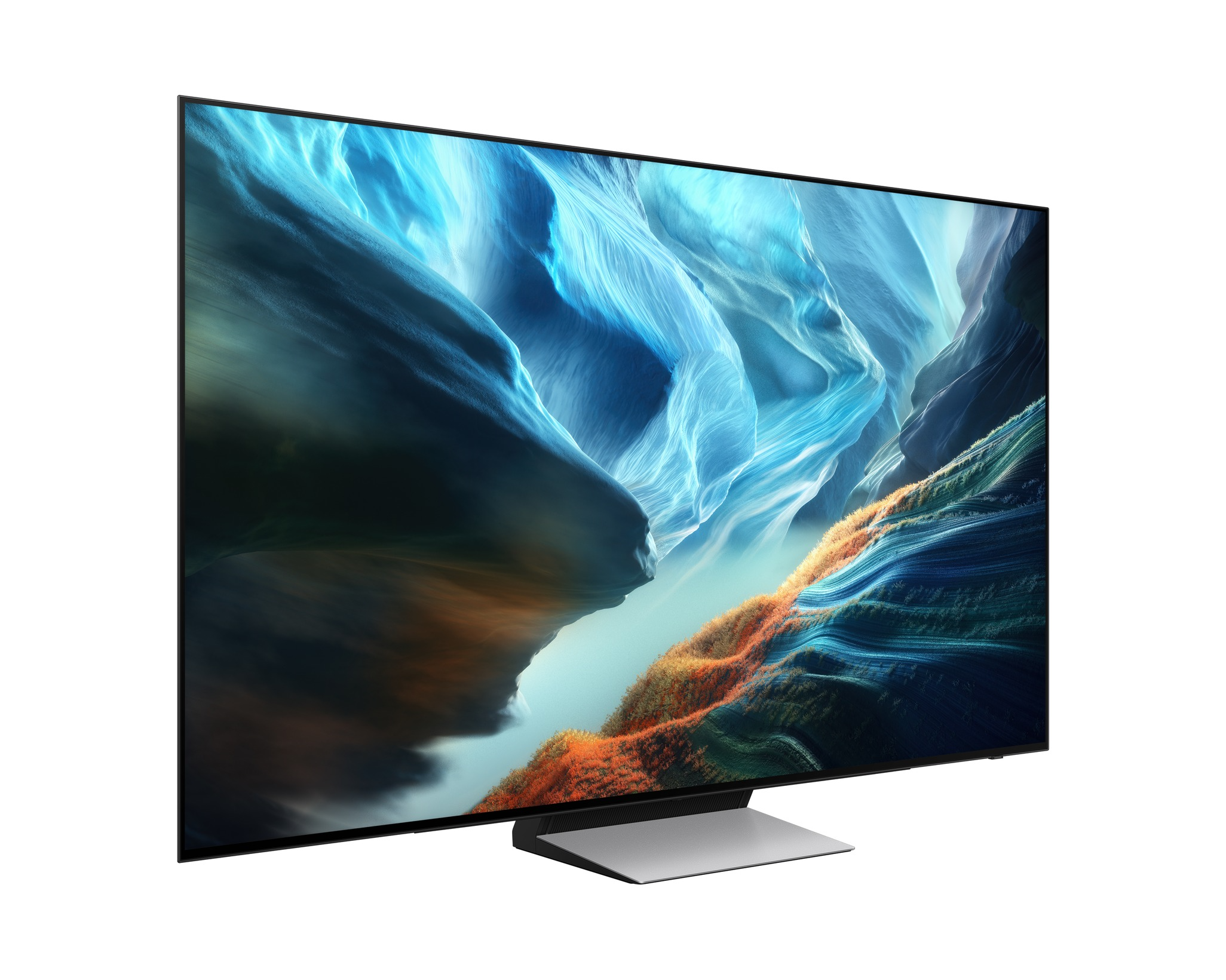 Modern TV absztrakt kék és narancssárga tájképpel a képernyőn.