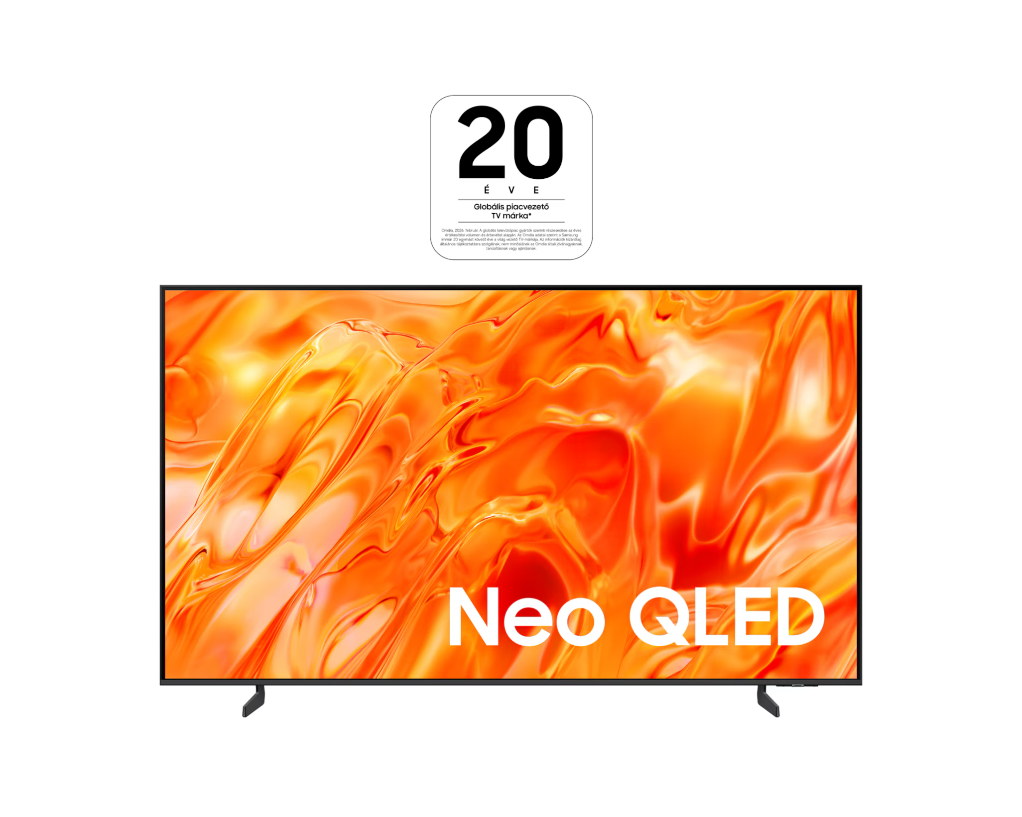 Samsung Neo QLED TV élénk narancssárga absztrakt háttérrel és logóval.