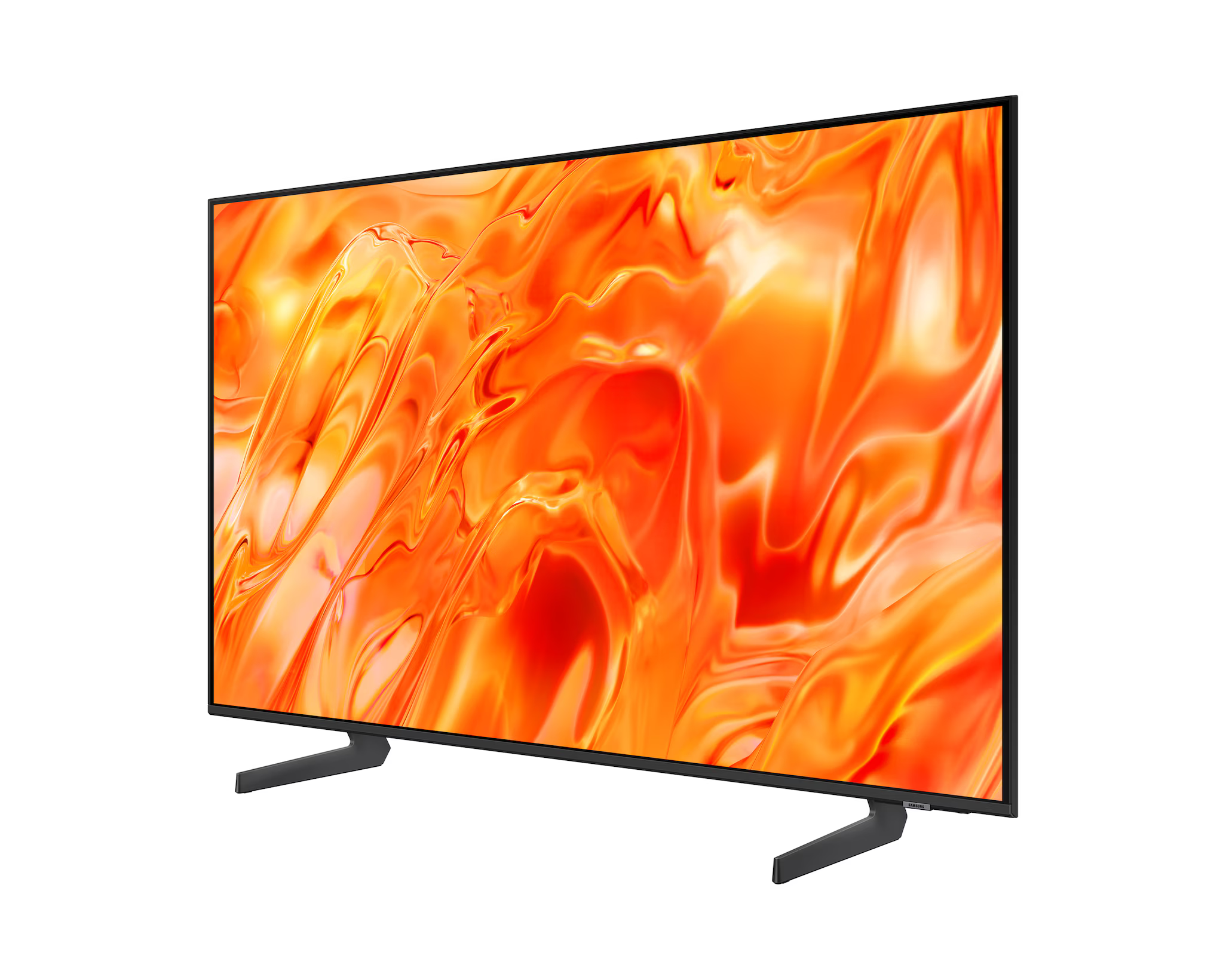 Egy modern fekete televízió, narancssárga absztrakt mintával a képernyőn, állványon.