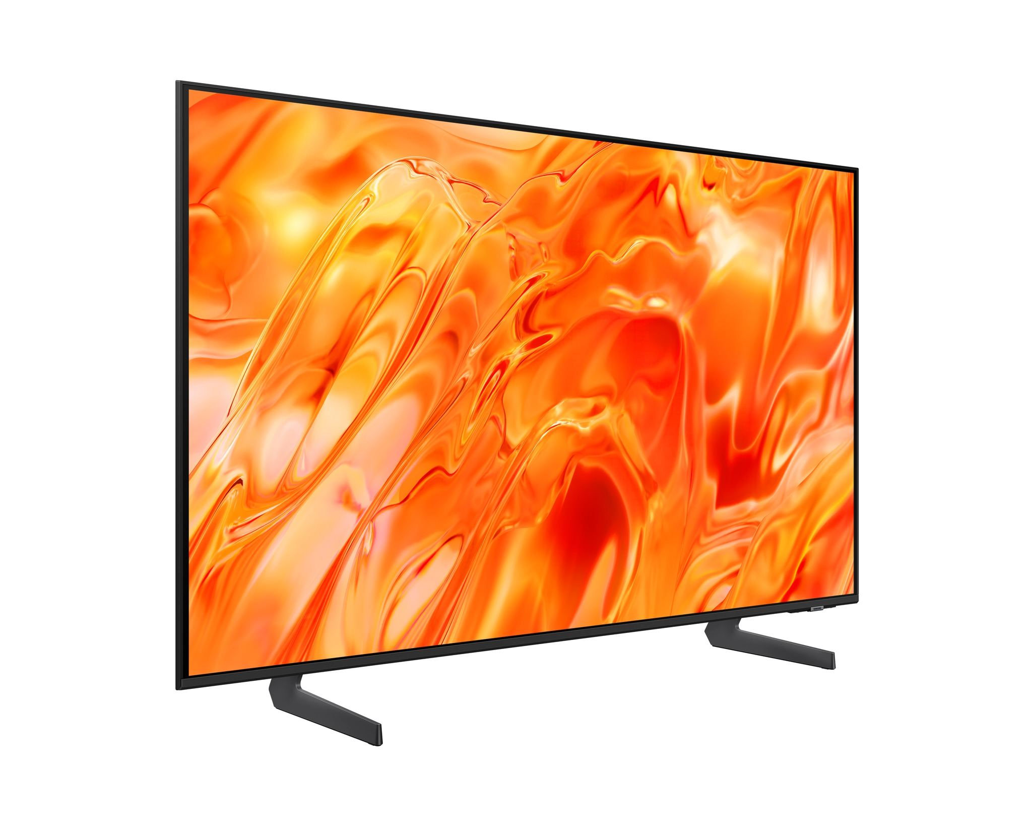 Egy modern fekete televízió, amelynek képernyőjén narancssárga-sárga absztrakt kép látható.