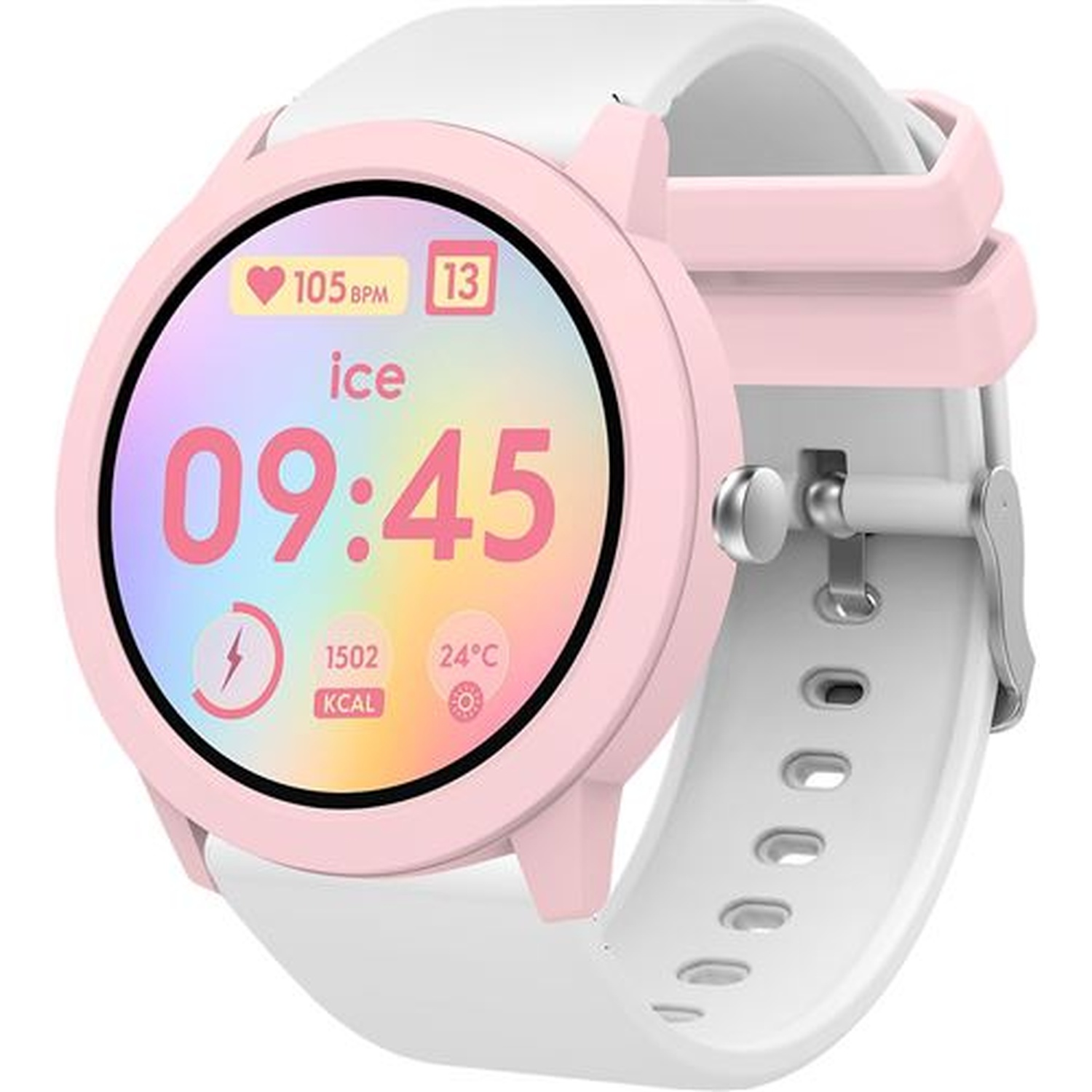 A digital smartwatch with a pink case and white strap displays 09:45.