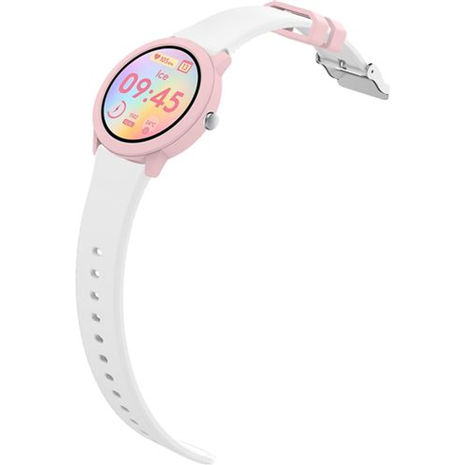 A pink smartwatch with a white band displays the time 09:45.