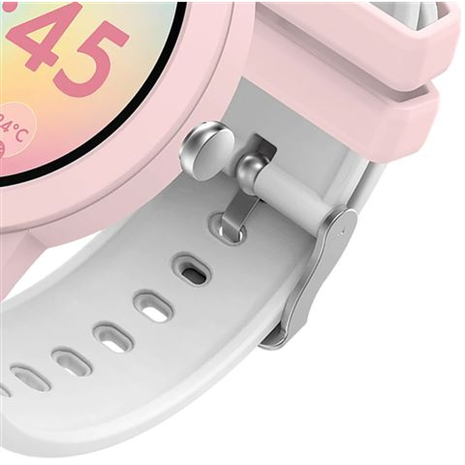 Close-up of a pink and white smartwatch with a silver buckle and adjustable strap.